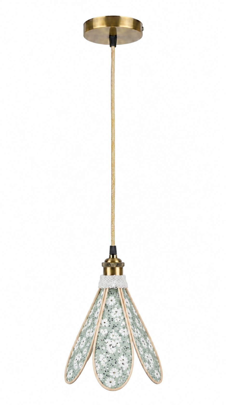 Lampe Tulipe Verte Fleurs Blanches- Lampe Artisanale Bohème Florale