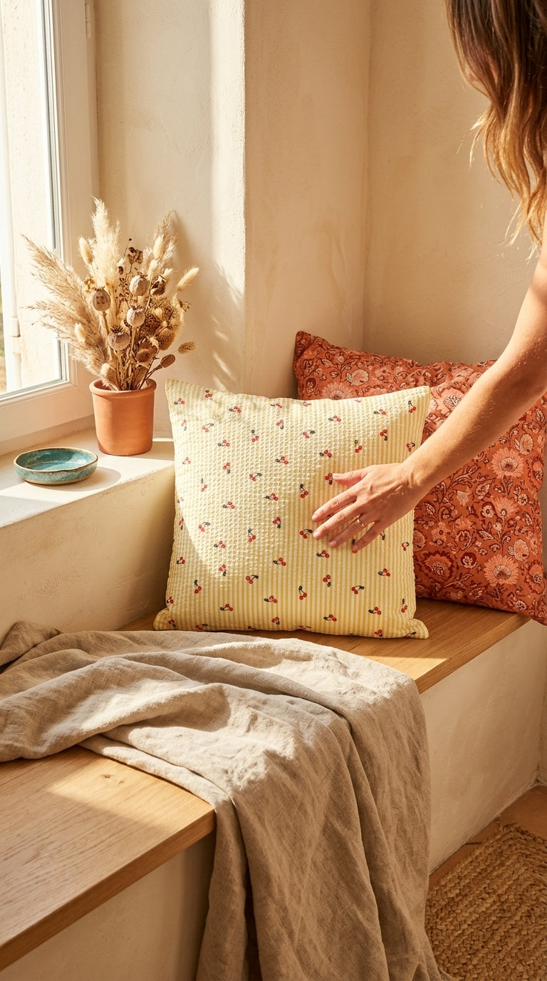 Housse Coussin Cerises – Housse Artisanale Rétro Champêtre