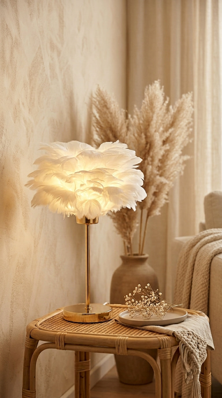 Lampe de Chevet à Plumes – Luminaire Élégant Doré