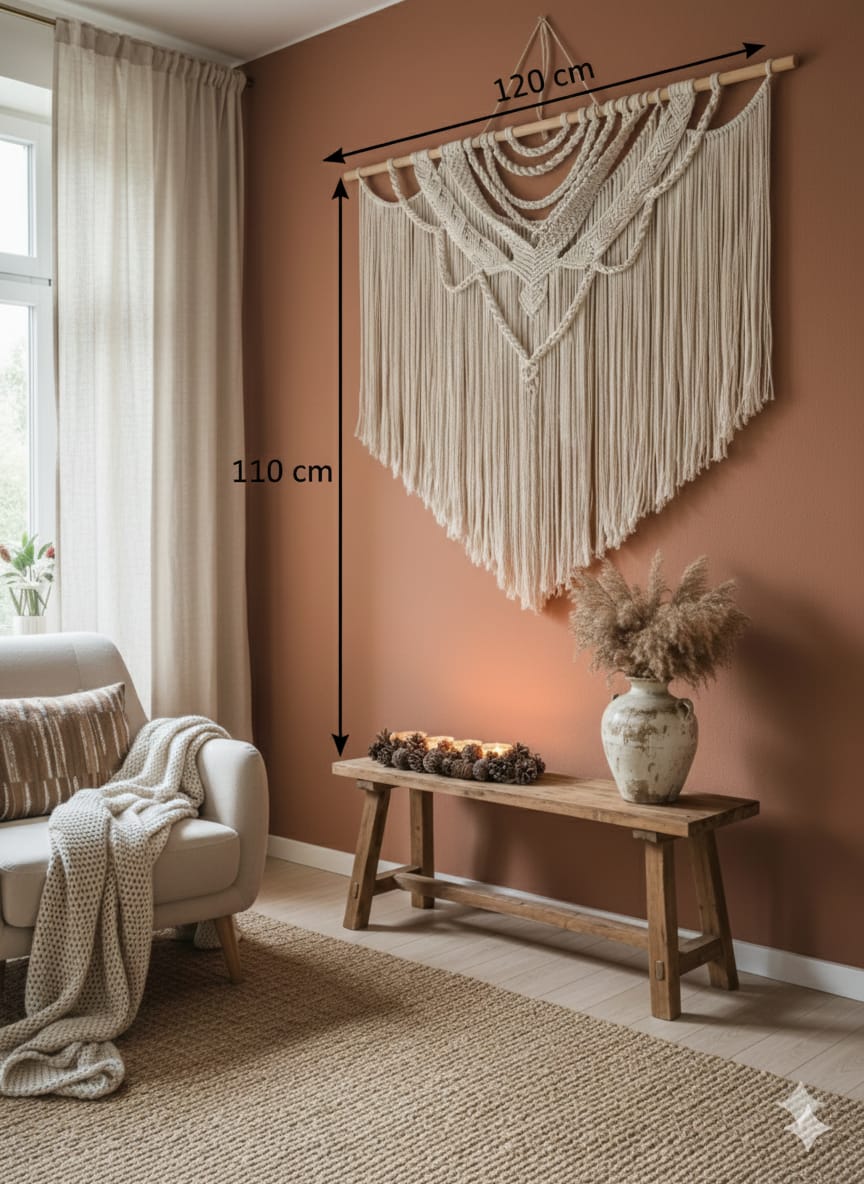 Macramé Mural Aérien Bohème - dimensions 120cm x 110cm