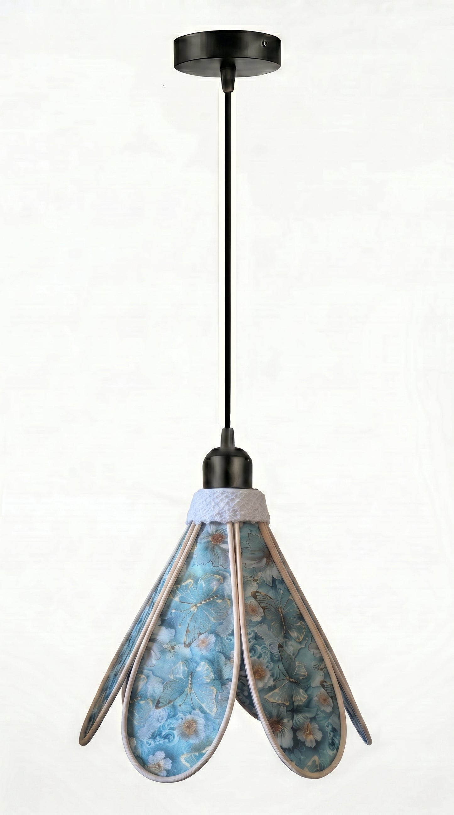 Lampe Tulipe Papillons Bleus- Lampe Artisanale Bohème Florale