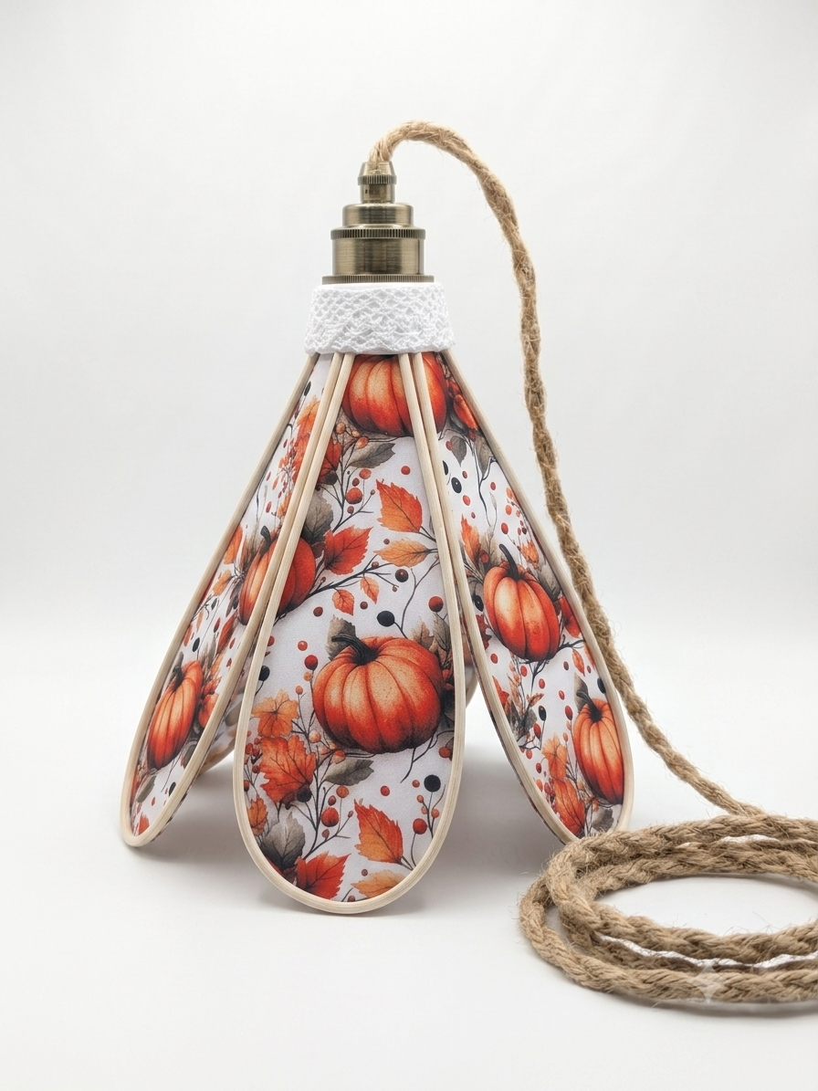 Suspension tulipe Verger d'Automne, motif feuilles ocre et rouille, vue de face