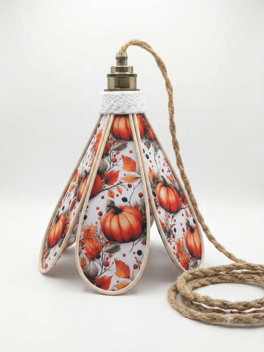 Suspension tulipe Verger d'Automne, motif feuilles ocre et rouille, vue de face