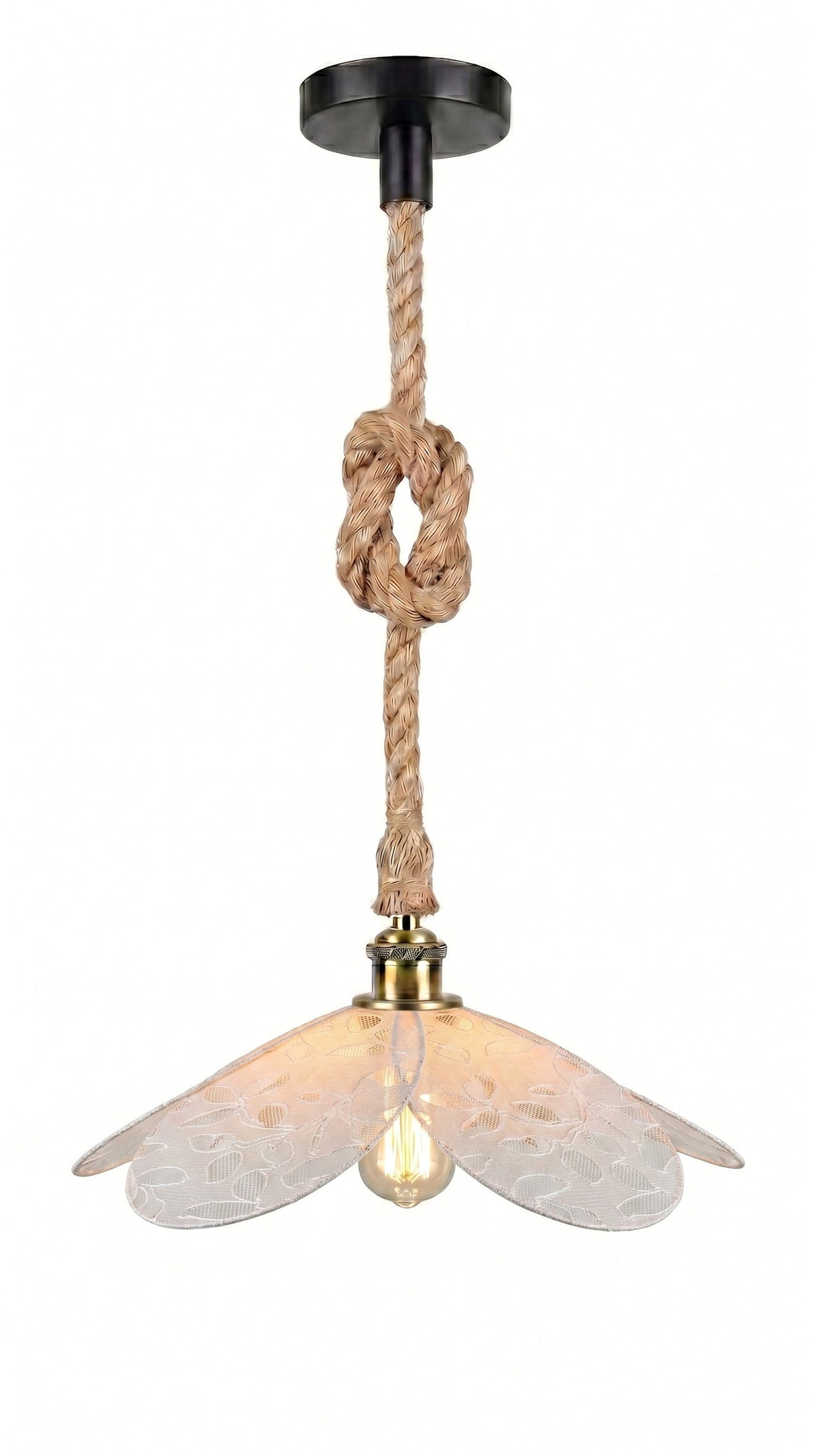 Suspension Magnolia Dentelle Végétale avec câble en toile de jute