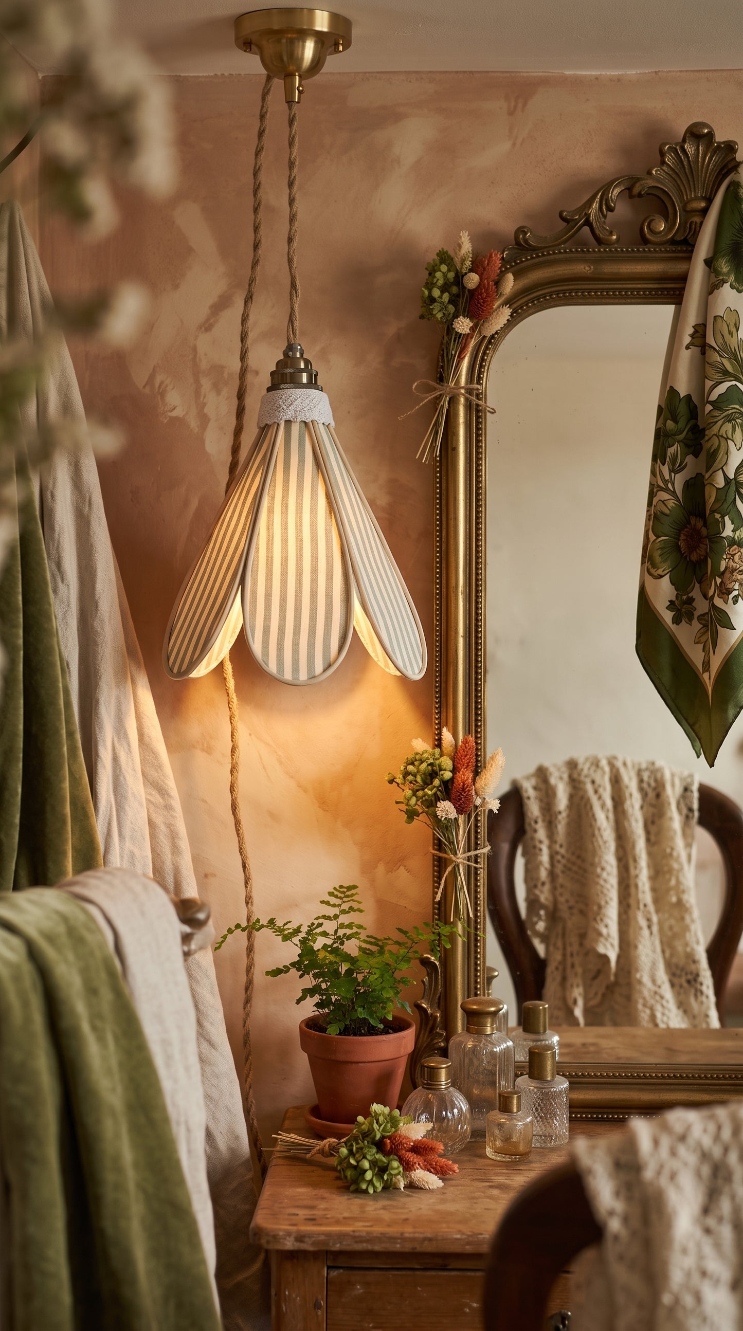 Lampe Tulipe Chemin de Campagne – Abat-jour Motif Rayures Sauge Fait Main