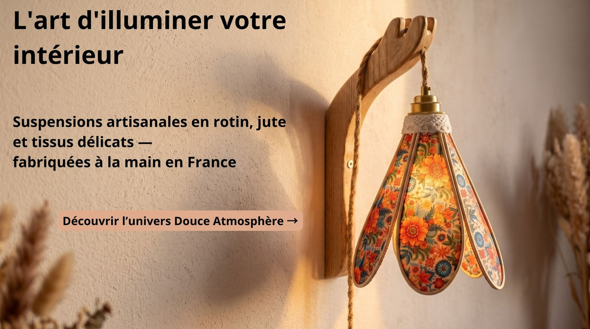 Bannière d'accueil Douce Atmosphère, univers déco bohème chic et artisanal