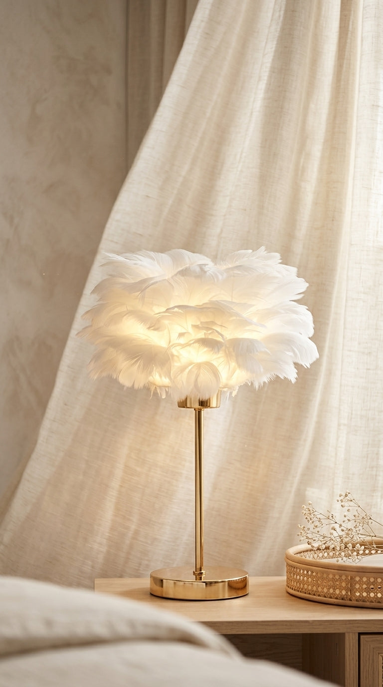 Lampe de Chevet à Plumes – Luminaire Élégant Doré