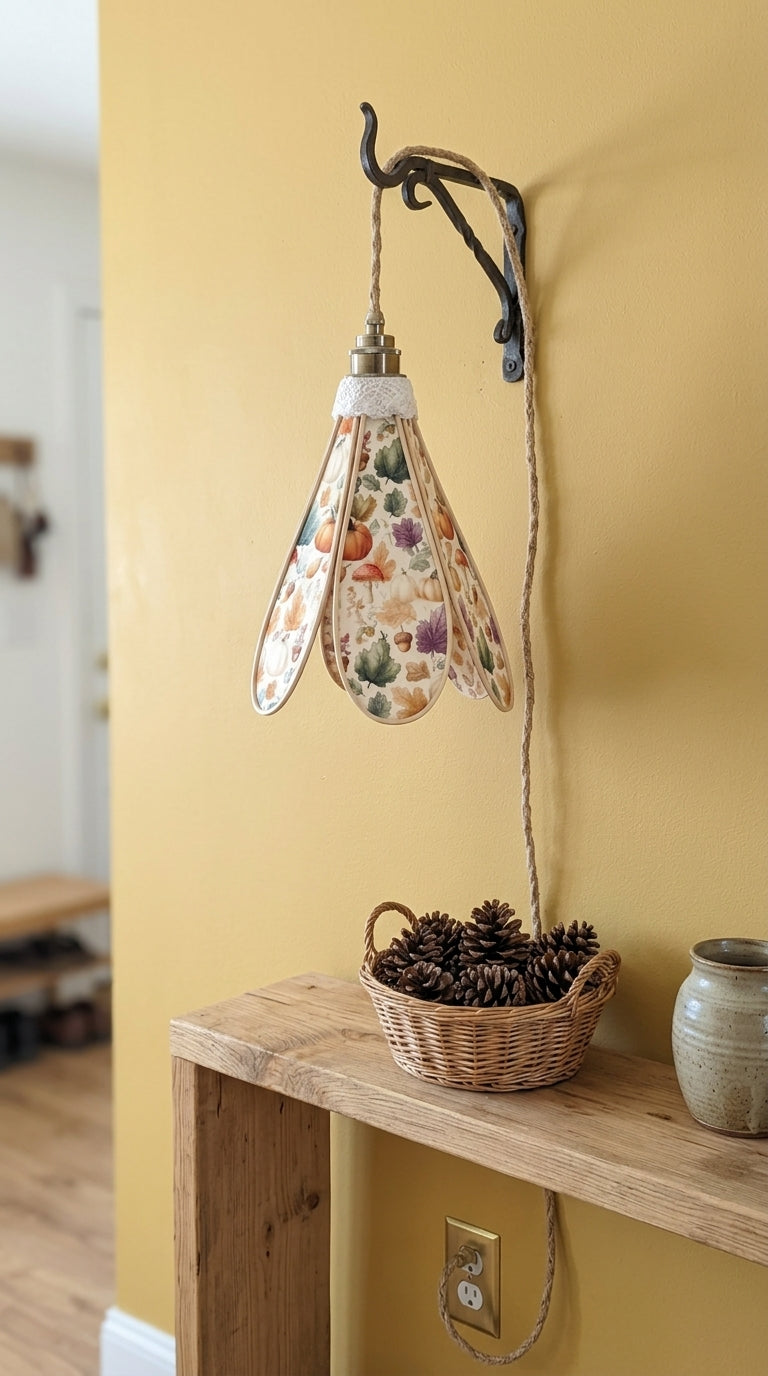 Suspension tulipe Récolte d'Octobre installée dans une entrée bohème