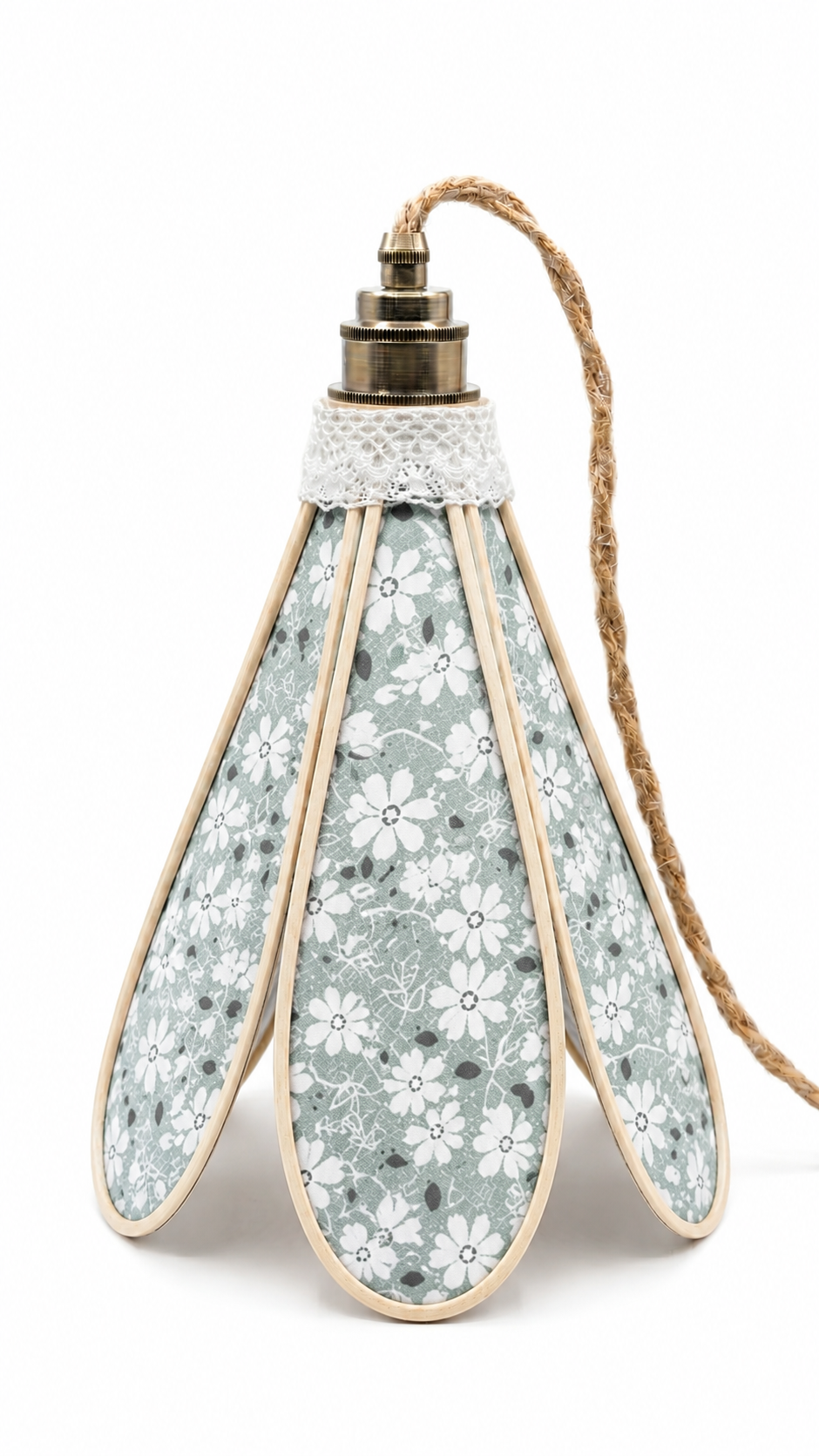 Lampe Tulipe Verte Fleurs Blanches- Lampe Artisanale Bohème Florale