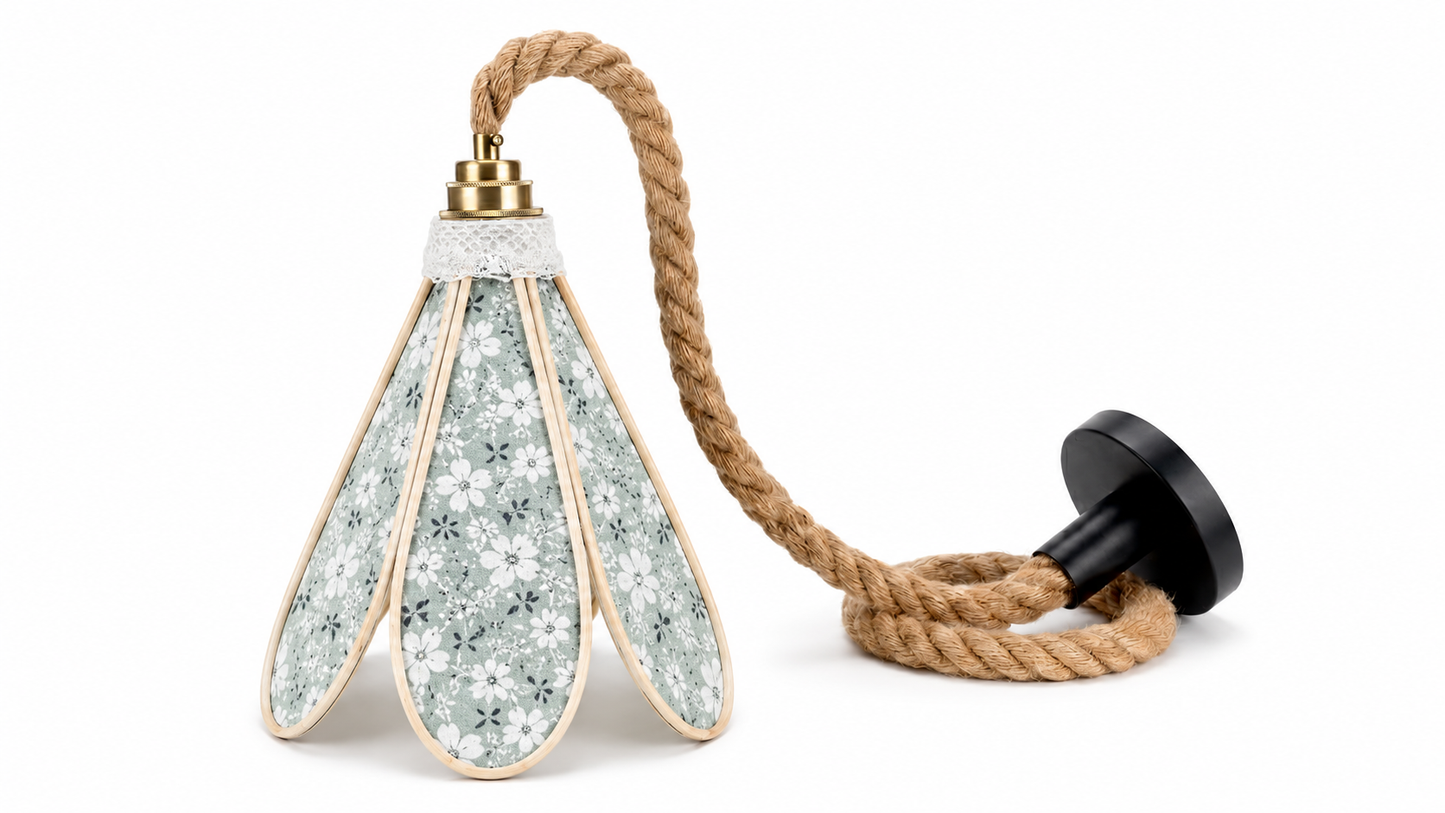 Lampe Tulipe Verte Fleurs Blanches- Lampe Artisanale Bohème Florale
