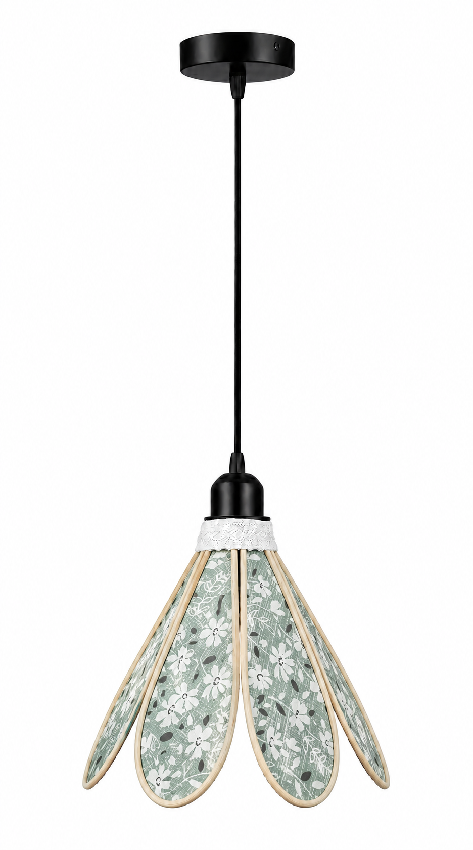 Lampe Tulipe Verte Fleurs Blanches- Lampe Artisanale Bohème Florale