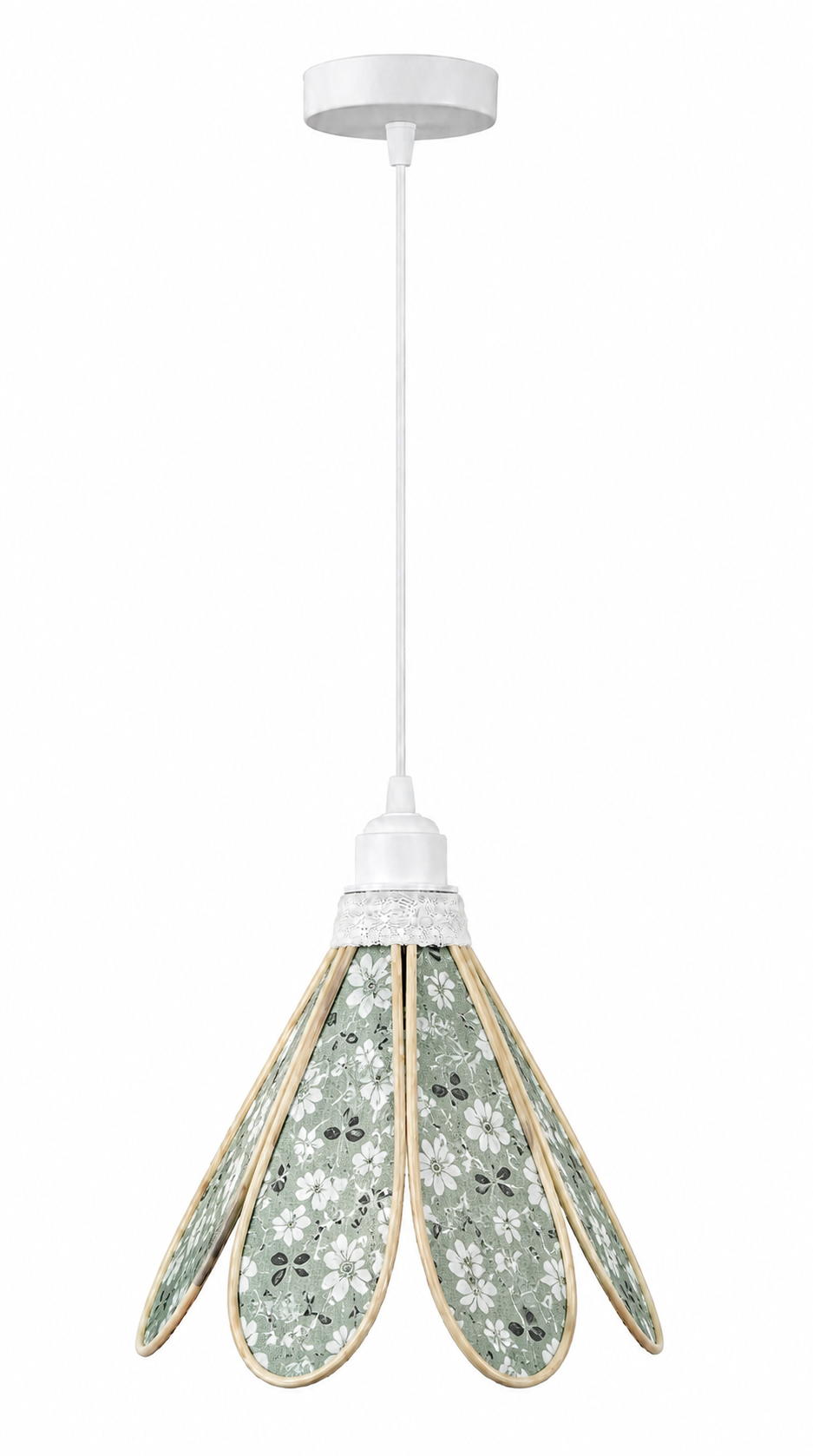 Lampe Tulipe Verte Fleurs Blanches- Lampe Artisanale Bohème Florale