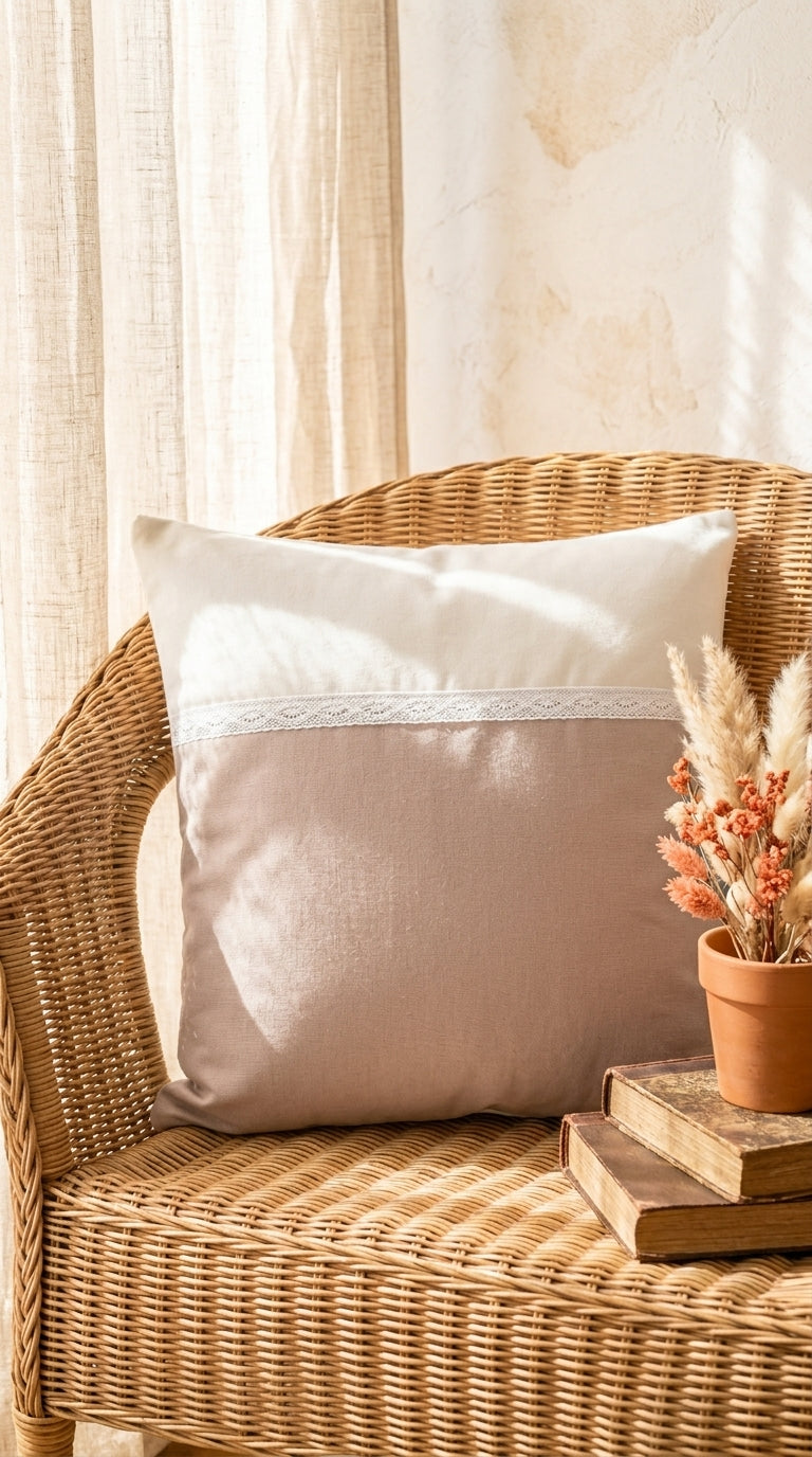Coussin Lin & Dentelle – Housse Artisanale Bohème Naturelle