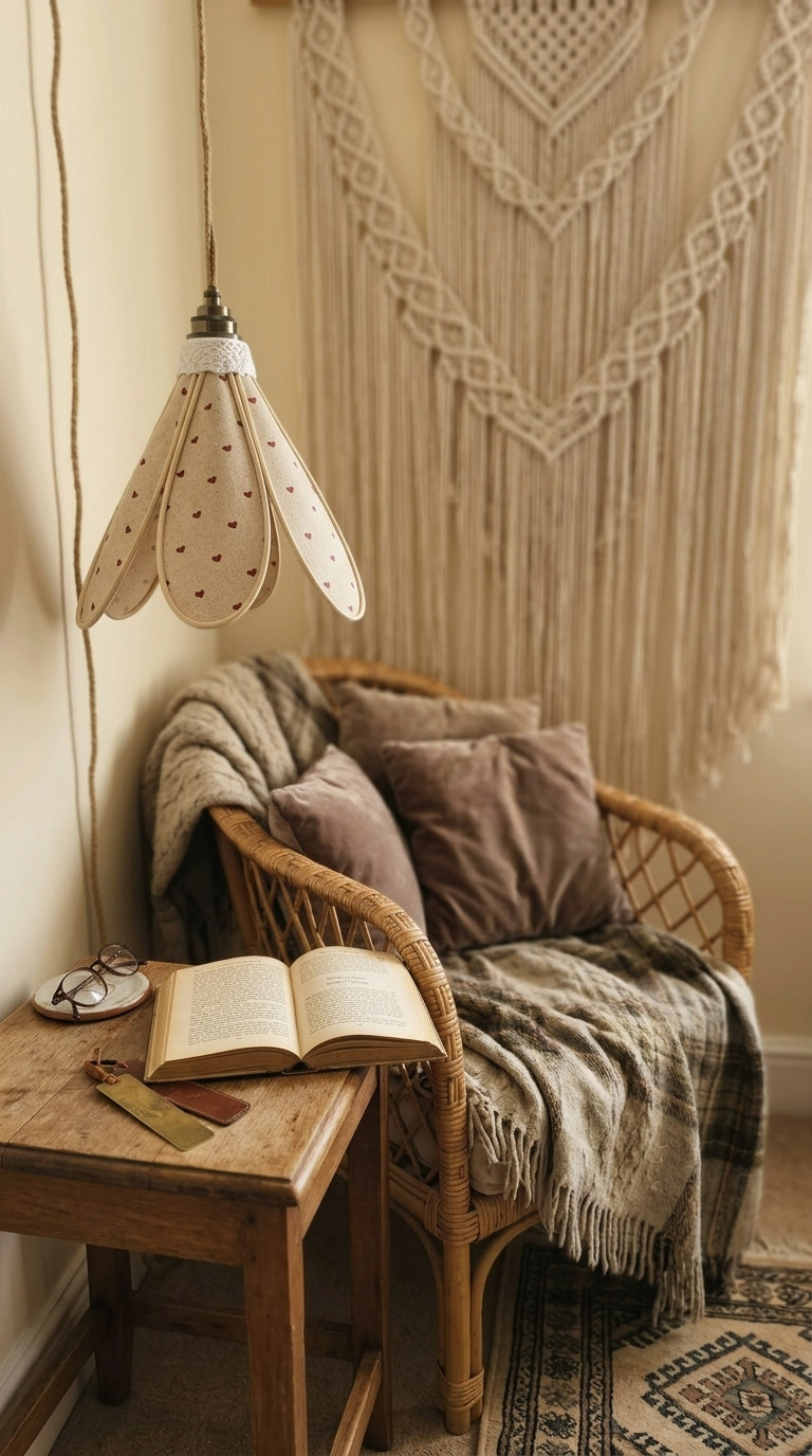 Lampe Tulipe Cœur de Lin – Abat-jour Motif Cœurs Bordeaux Fait Main