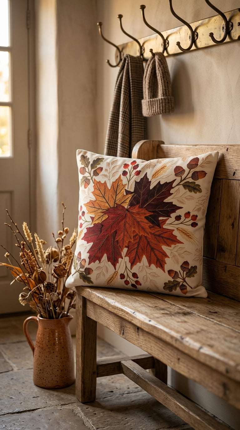 Housse de coussin Éclat de Feuilles d'Érable posée sur un banc en bois