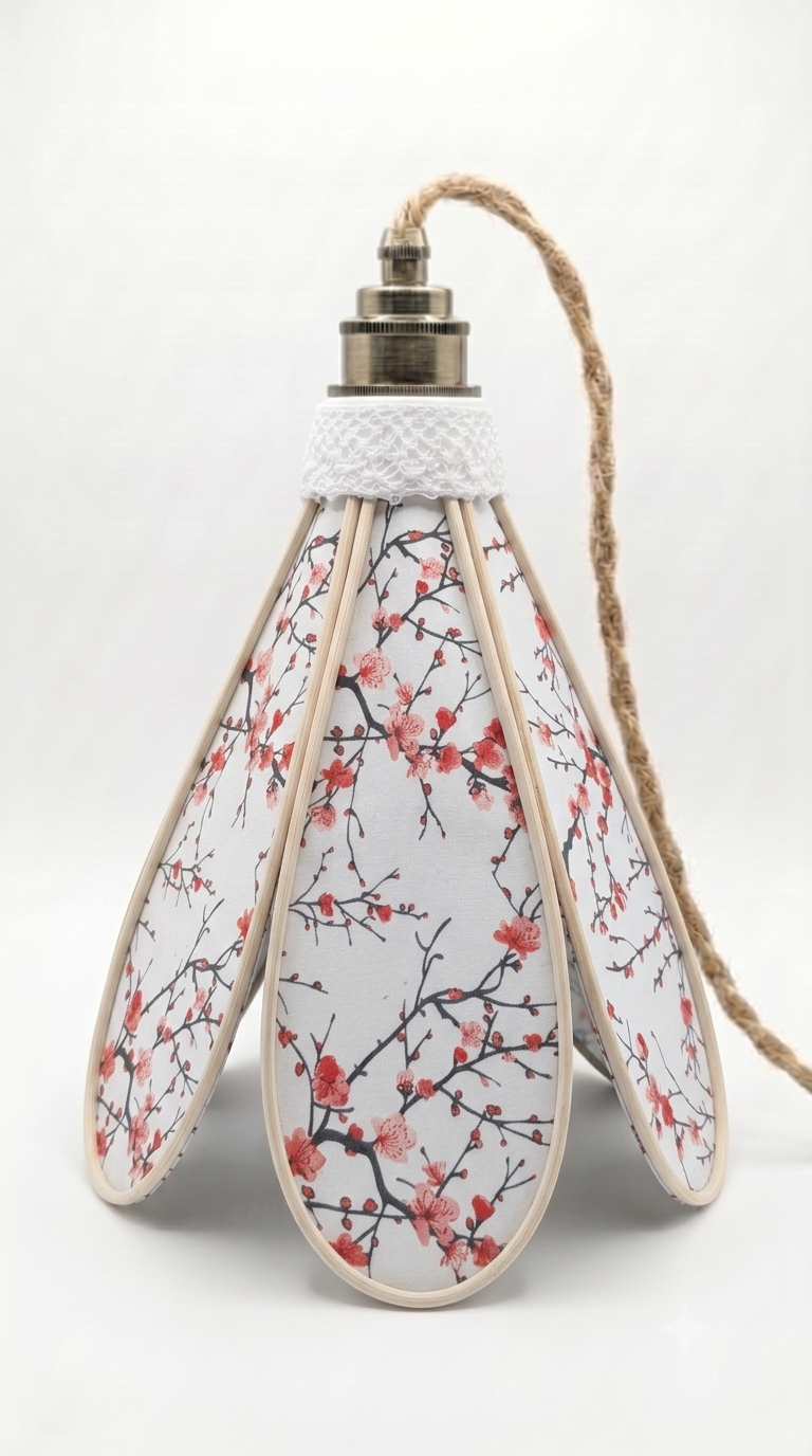 Lampe Tulipe Éclat du Japon – Abat-jour Motif Cerisiers Rouges Fait Main
