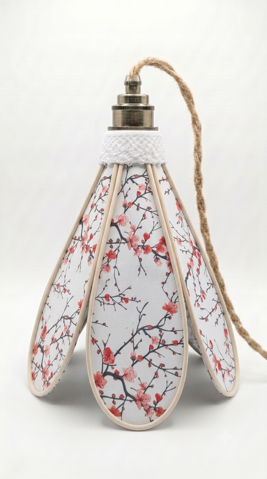 Lampe Tulipe Éclat du Japon – Abat-jour Motif Cerisiers Rouges Fait Main