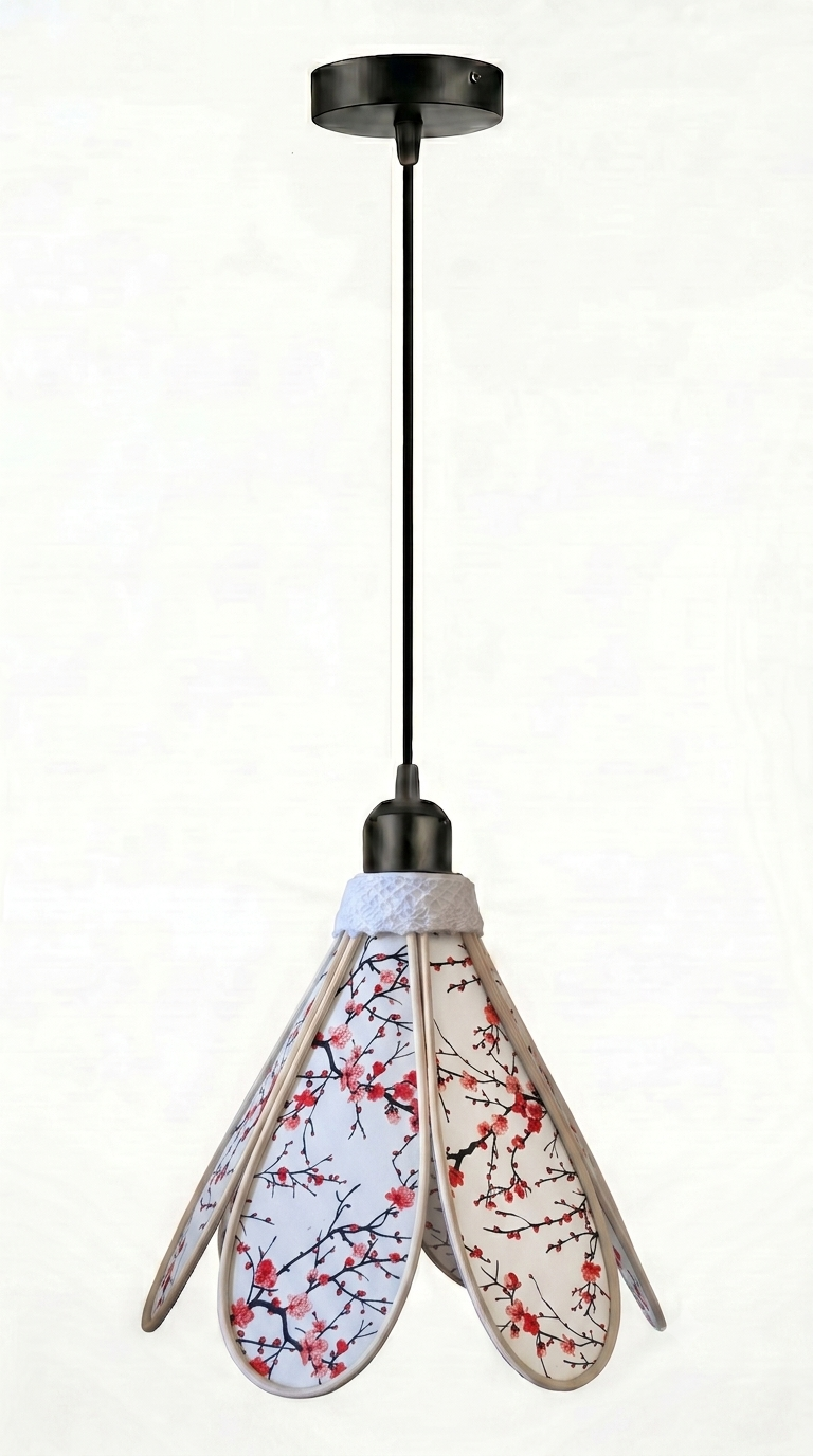 Lampe Tulipe Éclat du Japon – Abat-jour Motif Cerisiers Rouges Fait Main