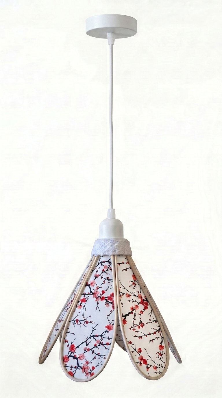Lampe Tulipe Éclat du Japon – Abat-jour Motif Cerisiers Rouges Fait Main