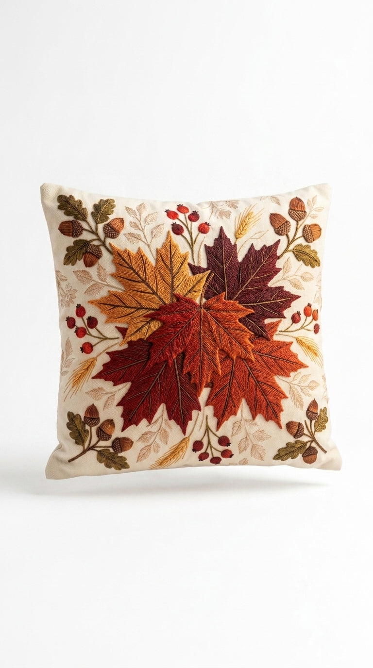 Housse de coussin Éclat de Feuilles d'Érable, motif feuilles automnales dorées, en situation