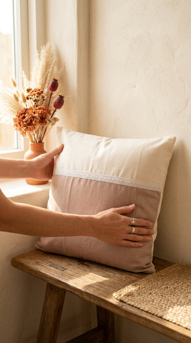Coussin Lin & Dentelle – Housse Artisanale Bohème Naturelle