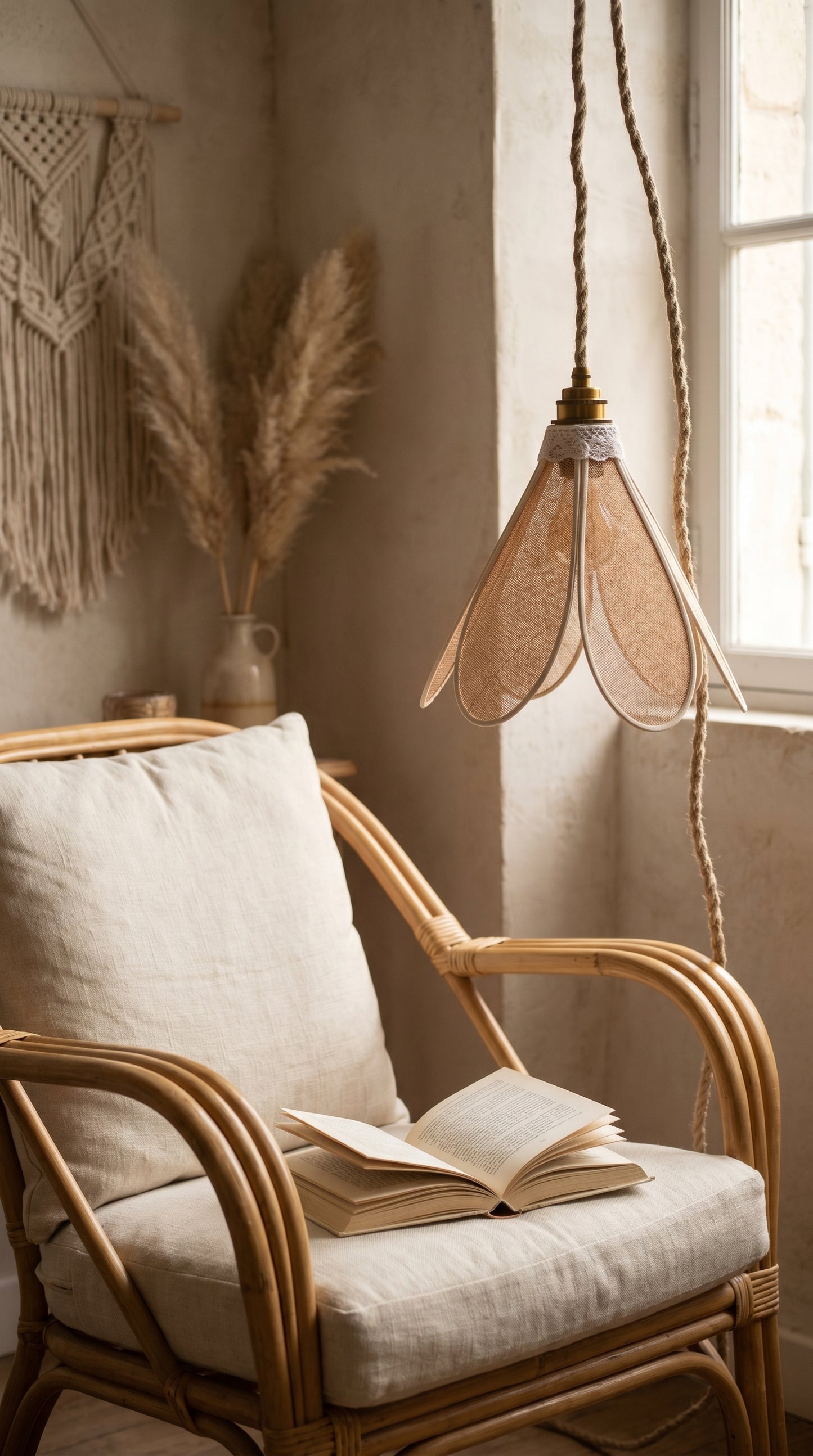 Lampe Tulipe en Toile de Jute – Lampe Artisanale Bohème Naturelle