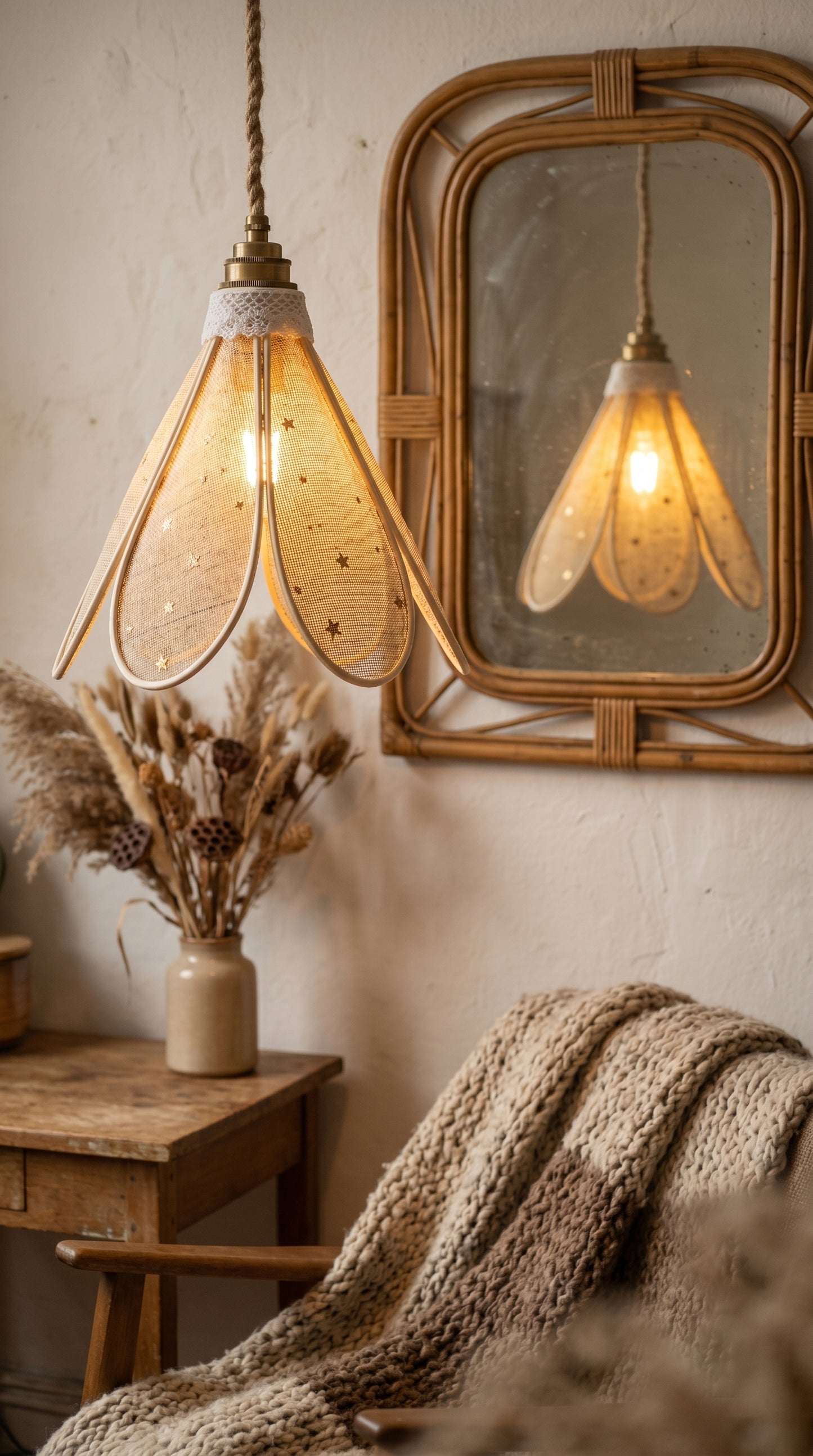 Lampe Tulipe Toile de Jute Etoilée- Lampe Artisanale Bohème Naturelle