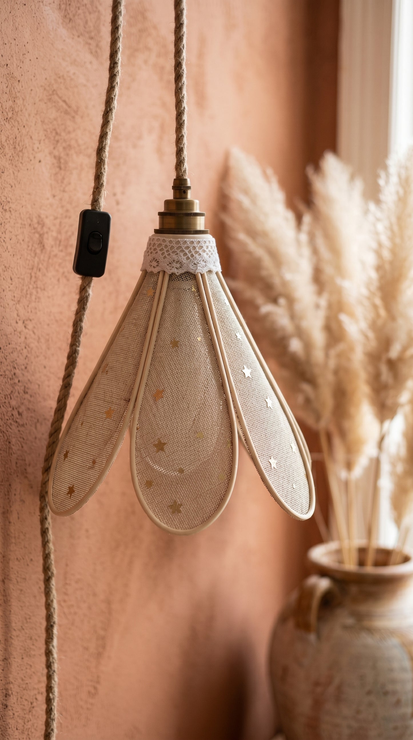 Lampe Tulipe Toile de Jute Etoilée- Lampe Artisanale Bohème Naturelle