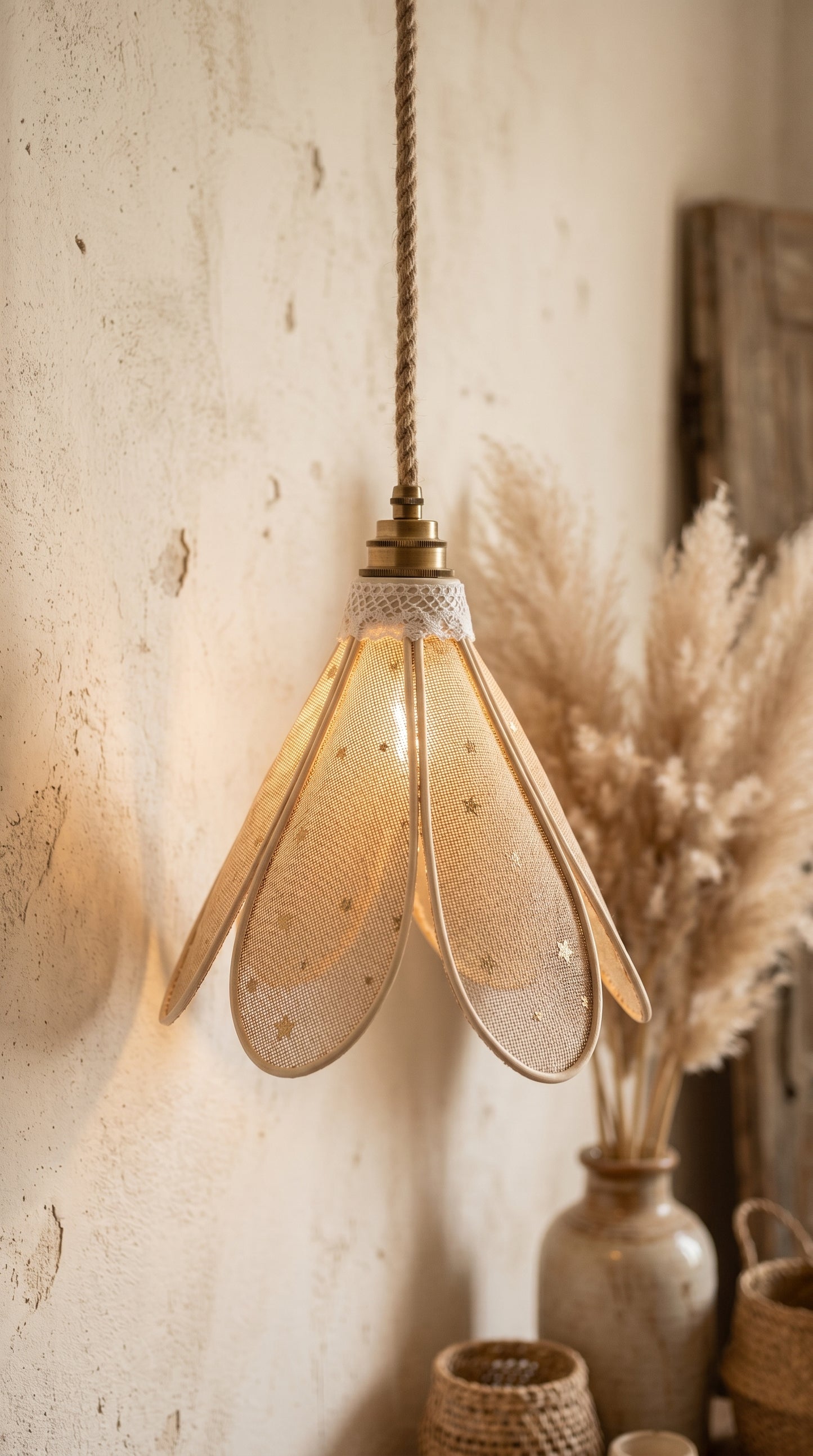 Lampe Tulipe Toile de Jute Etoilée- Lampe Artisanale Bohème Naturelle