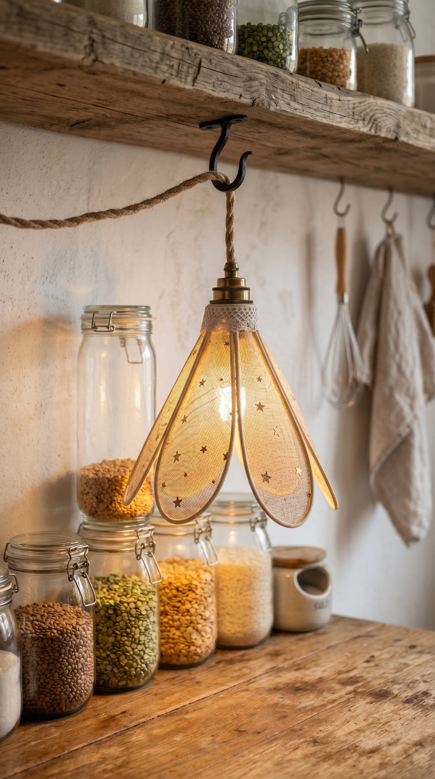 Lampe Tulipe Toile de Jute Etoilée- Lampe Artisanale Bohème Naturelle