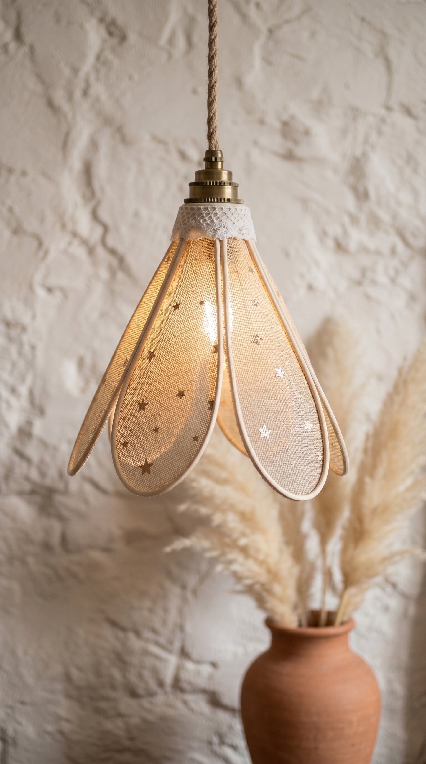 Lampe Tulipe Toile de Jute Etoilée- Lampe Artisanale Bohème Naturelle