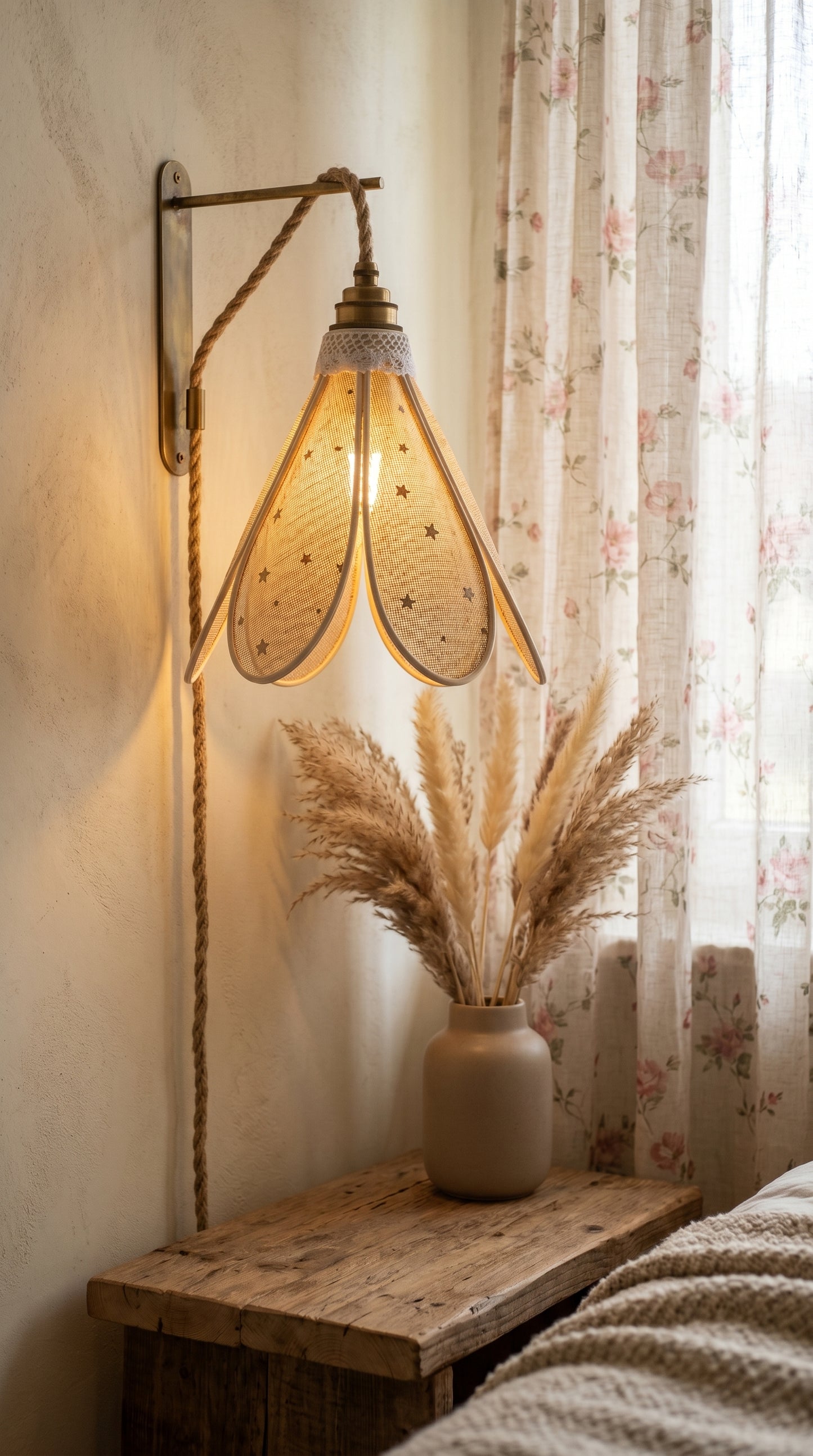 Lampe Tulipe Toile de Jute Etoilée- Lampe Artisanale Bohème Naturelle