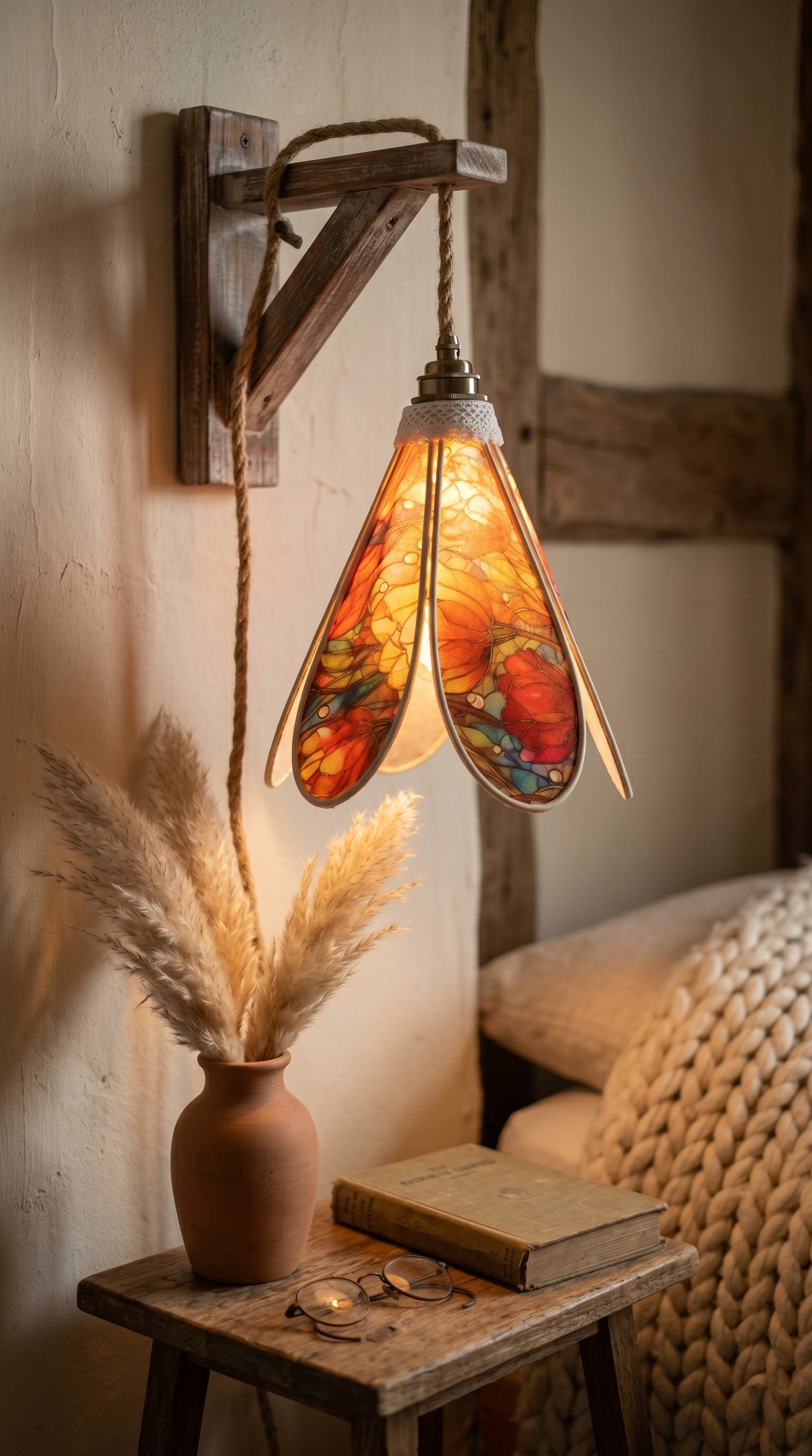 Lampe Tulipe Printemps Vitrail Bleue ou rouge- Lampe Artisanale Bohème Florale