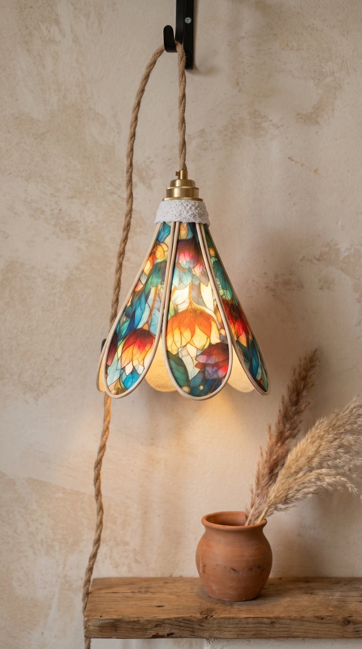 Lampe Tulipe Printemps Vitrail Bleue ou rouge- Lampe Artisanale Bohème Florale