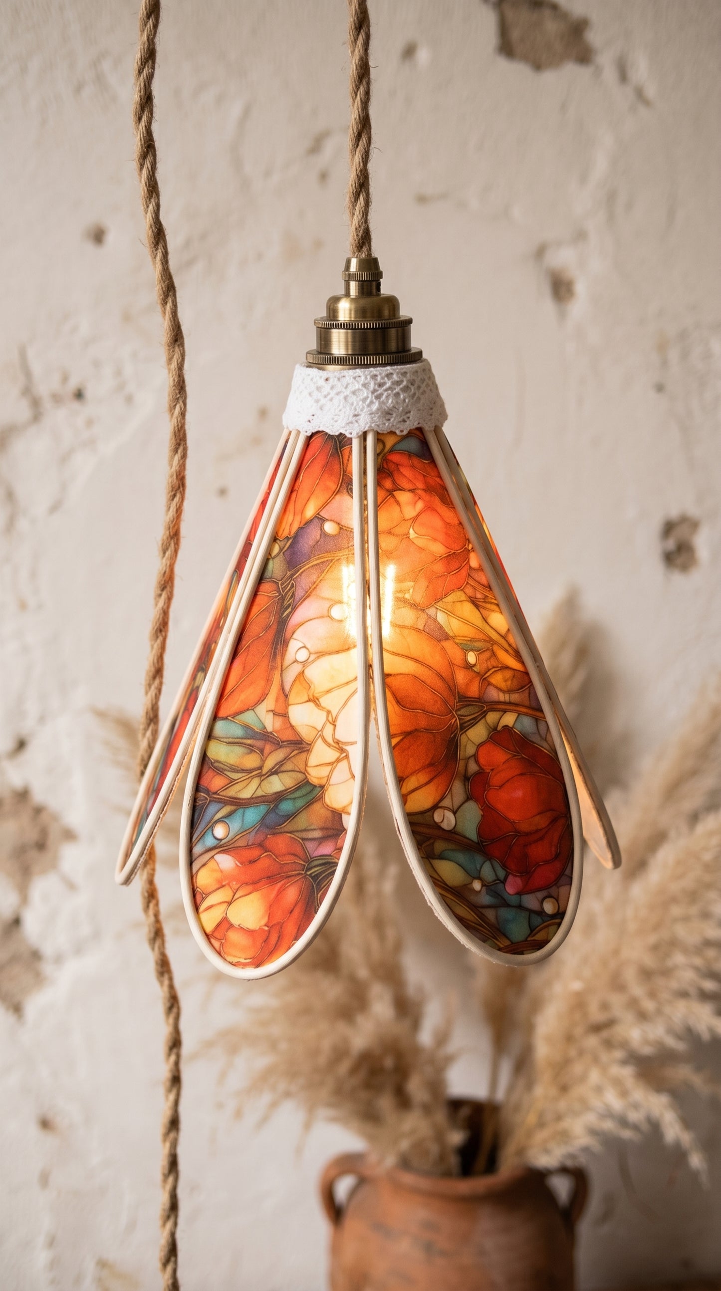 Lampe Tulipe Printemps Vitrail Bleue ou rouge- Lampe Artisanale Bohème Florale