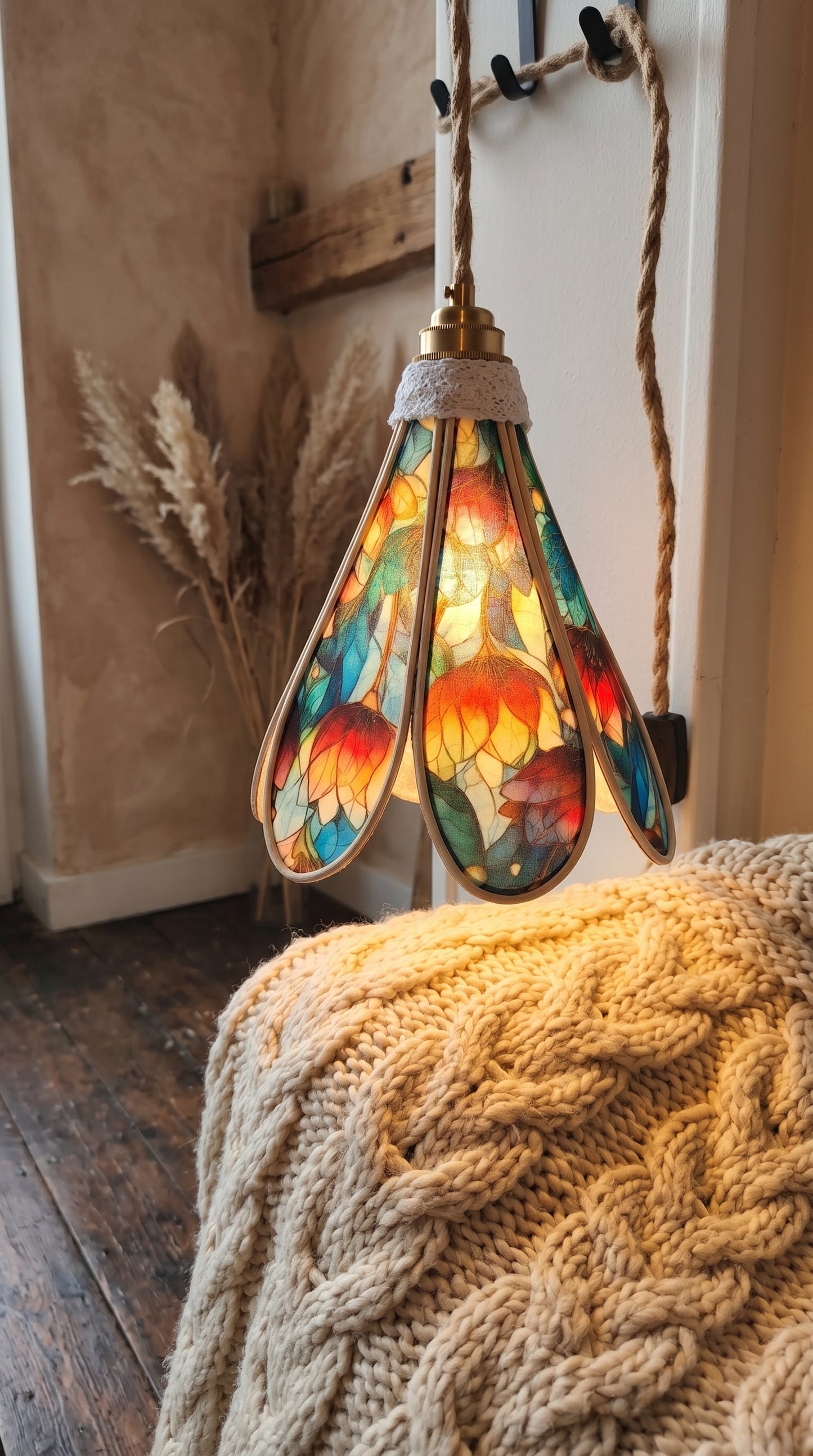 Lampe Tulipe Printemps Vitrail Bleue ou rouge- Lampe Artisanale Bohème Florale