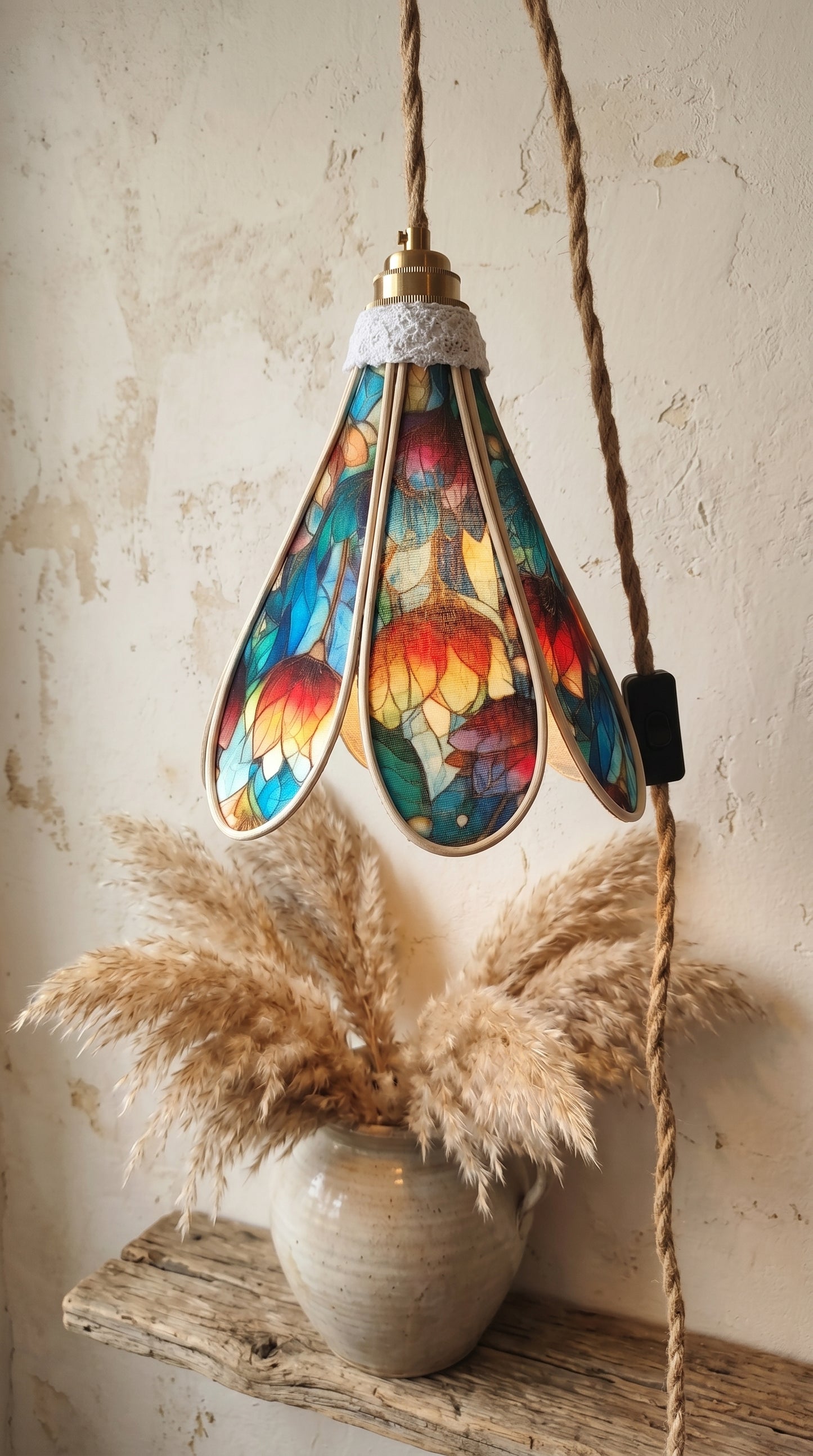 Lampe Tulipe Printemps Vitrail Bleue ou rouge- Lampe Artisanale Bohème Florale