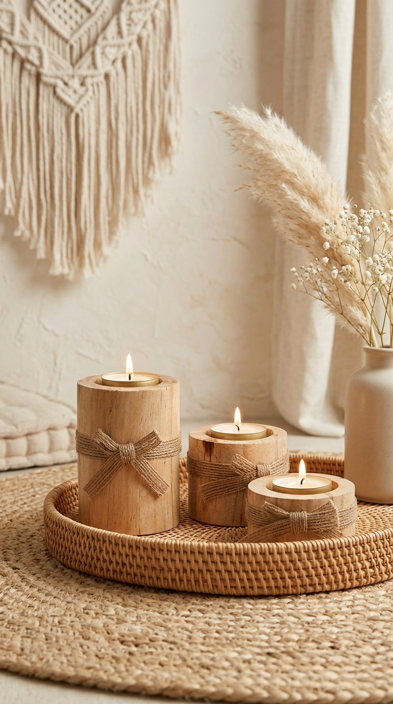 Bougeoir Décoratif en Bois Naturel – Lot de 3 Bougeoirs