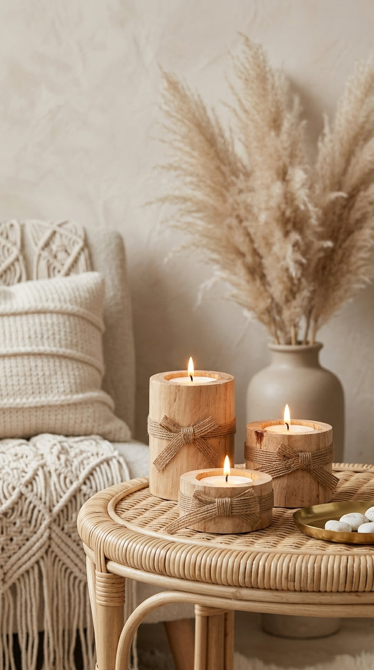 Bougeoir Décoratif en Bois Naturel – Lot de 3 Bougeoirs