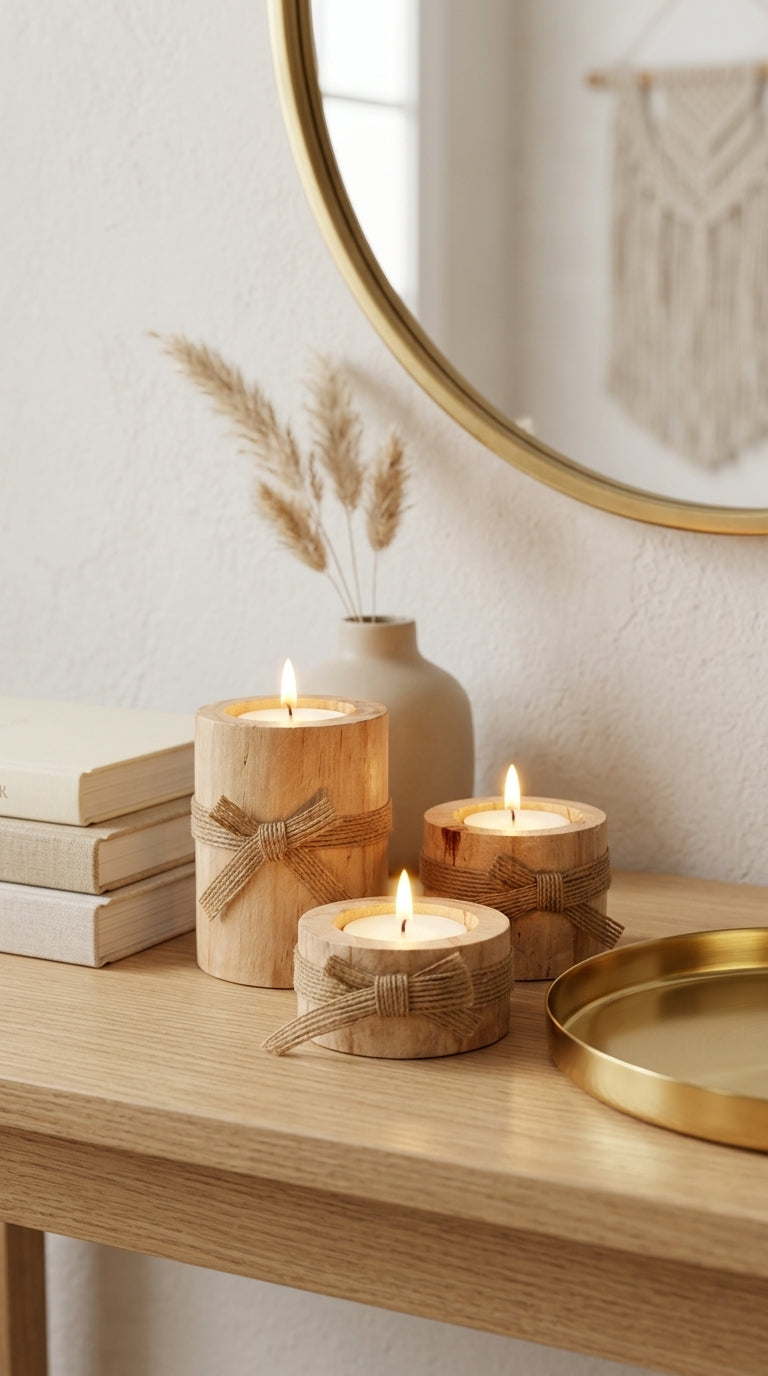 Bougeoir Décoratif en Bois Naturel – Lot de 3 Bougeoirs