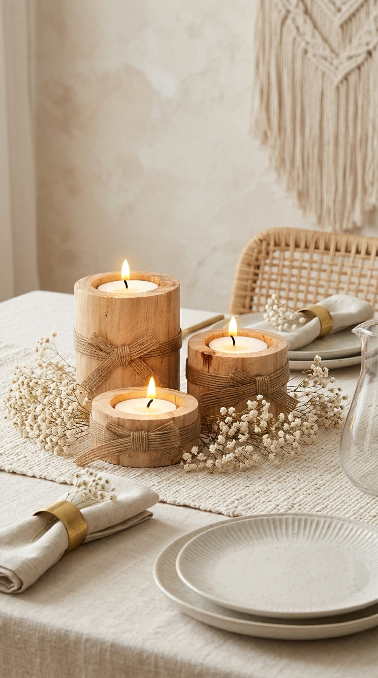 Bougeoir Décoratif en Bois Naturel – Lot de 3 Bougeoirs