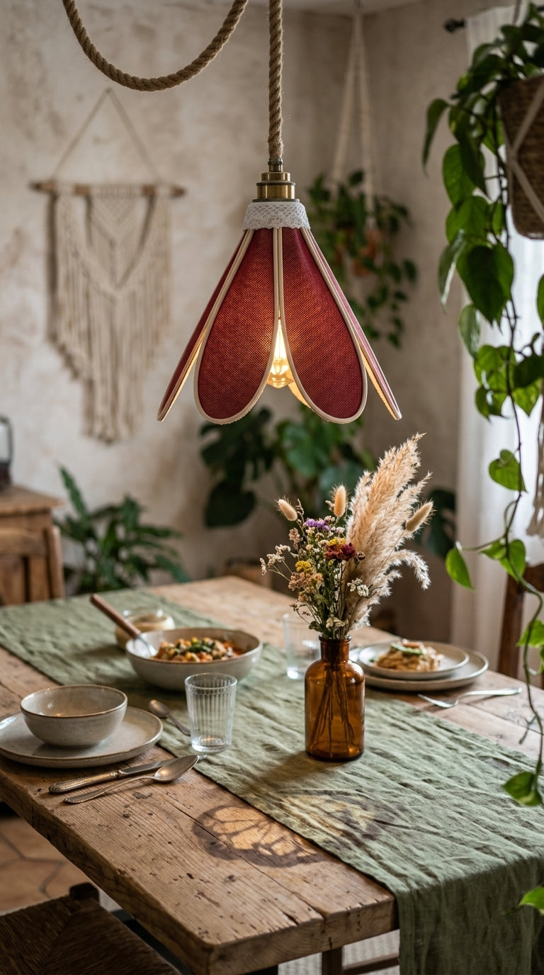 Lampe Tulipe Toile de Jute Rouge – Lampe Artisanale Bohème Naturelle