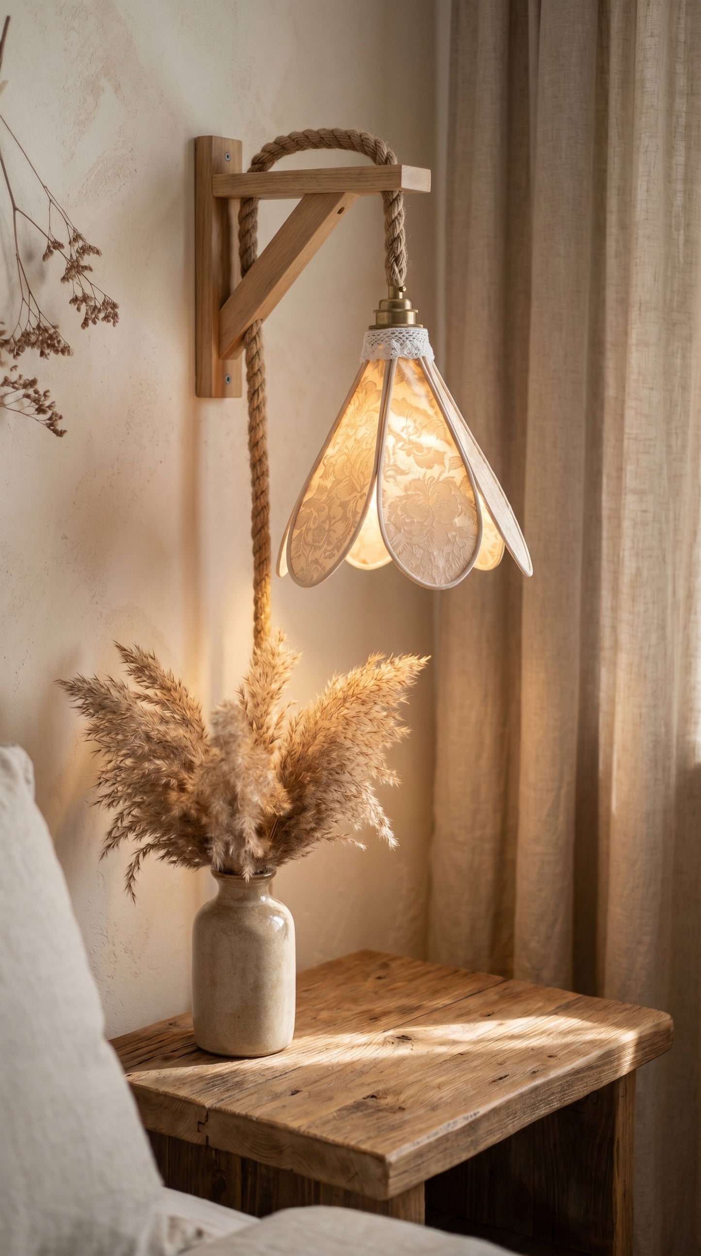 Lampe Tulipe Champagne en Fleurs – Abat-jour Motif Pivoine Jacquard Fait Main