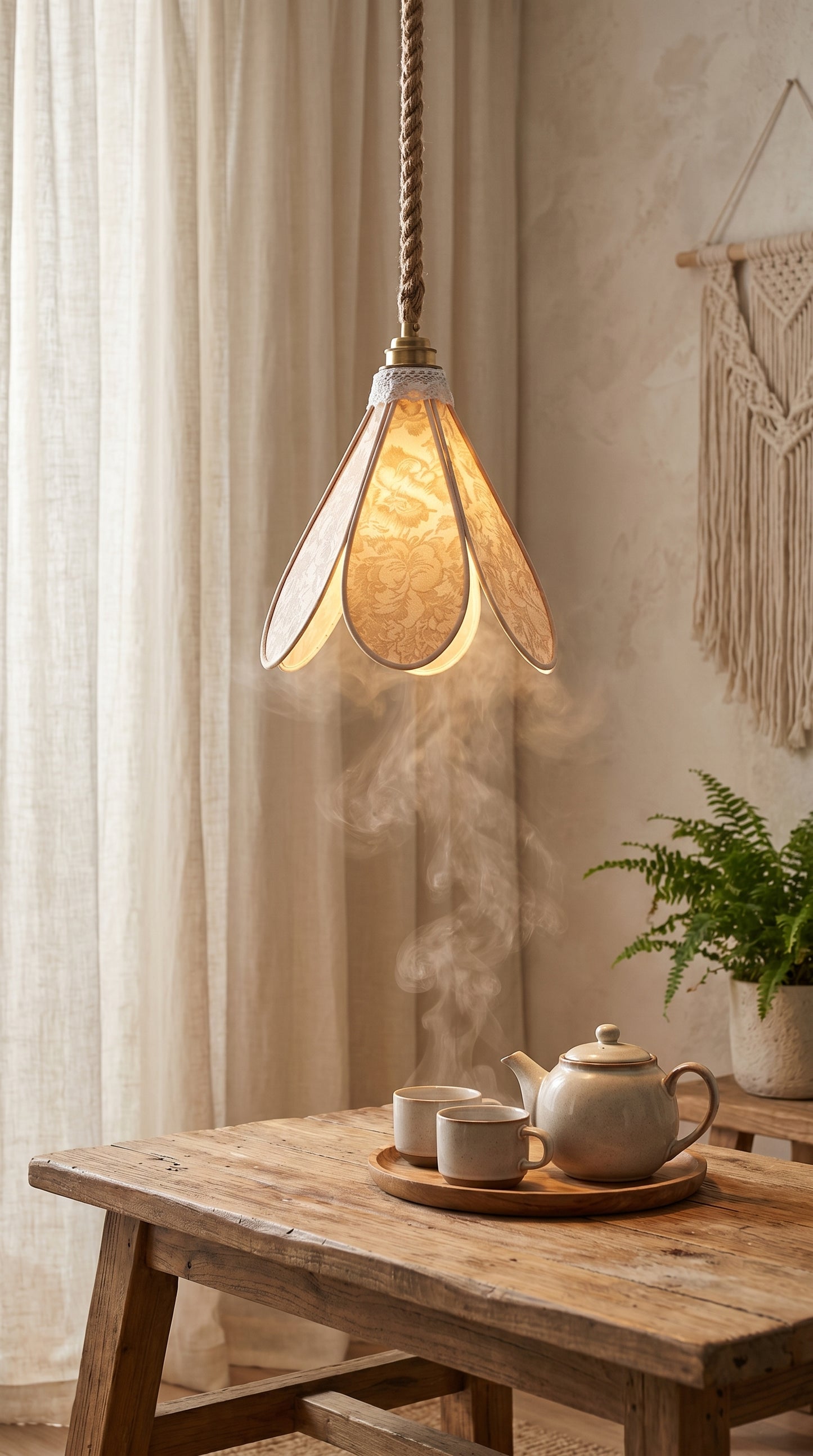Lampe Tulipe Champagne en Fleurs – Abat-jour Motif Pivoine Jacquard Fait Main