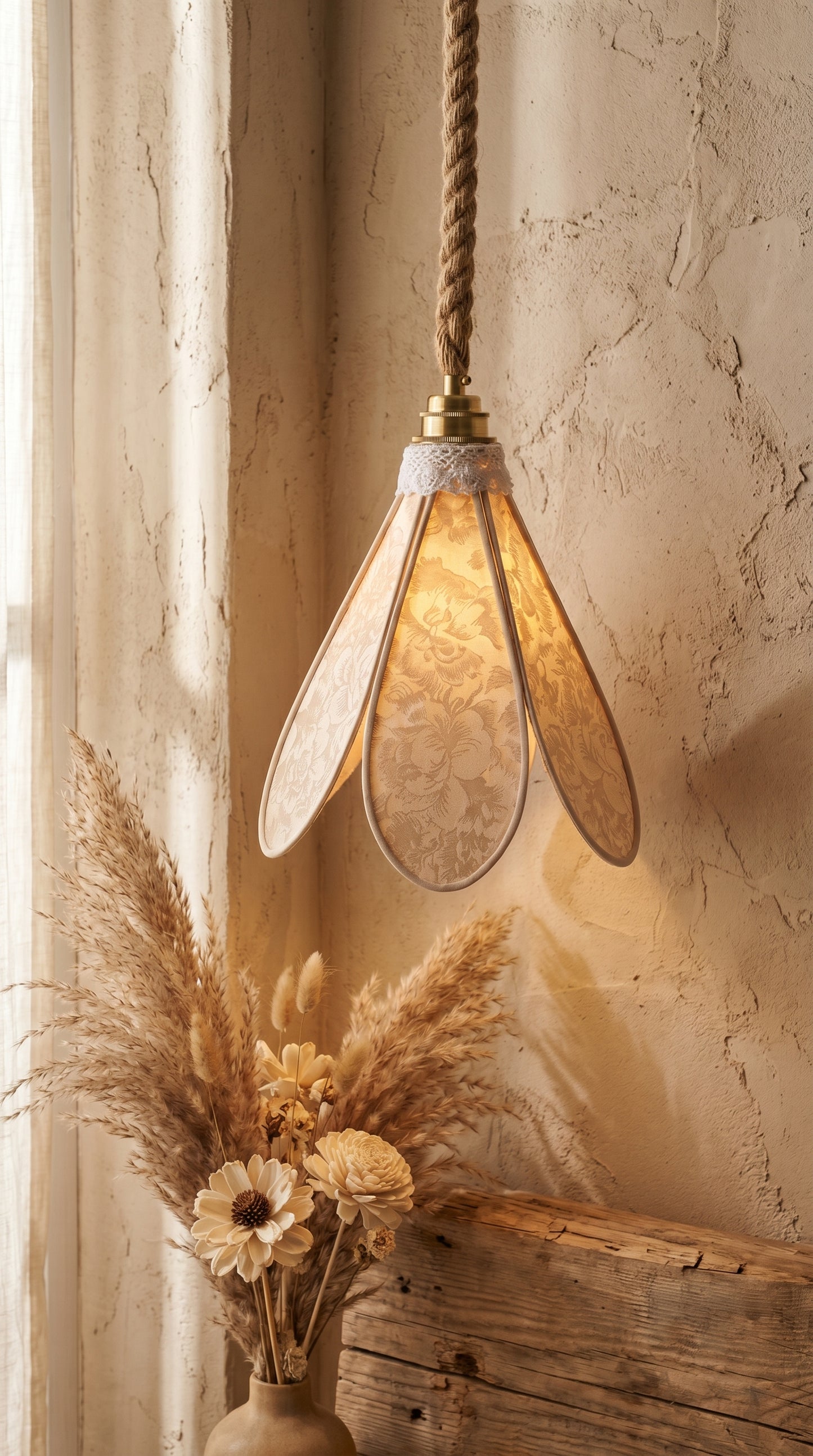 Lampe Tulipe Champagne en Fleurs – Abat-jour Motif Pivoine Jacquard Fait Main