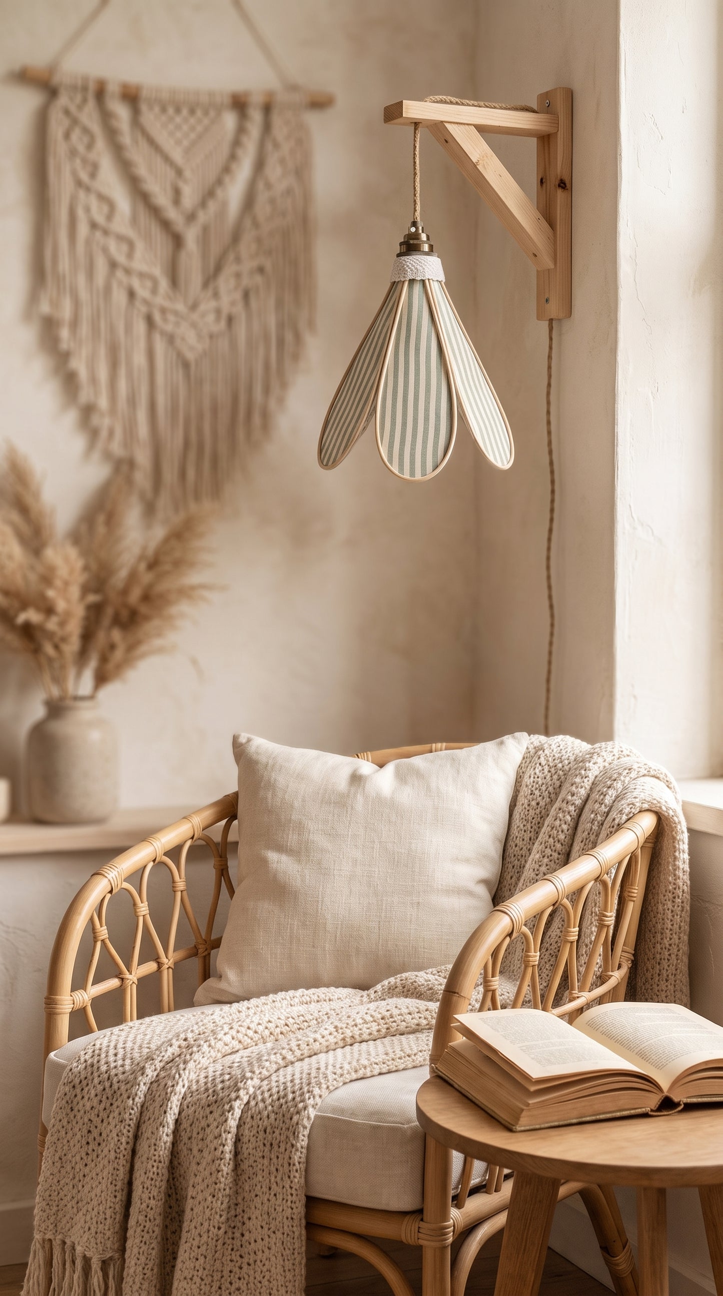 Lampe Tulipe Chemin de Campagne – Abat-jour Motif Rayures Sauge Fait Main