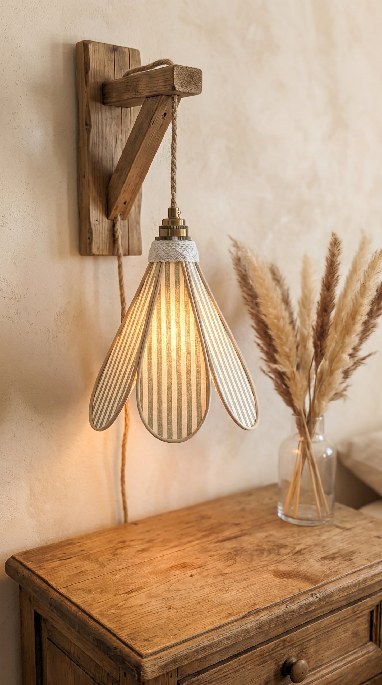Lampe Tulipe Chemin de Campagne – Abat-jour Motif Rayures Sauge Fait Main