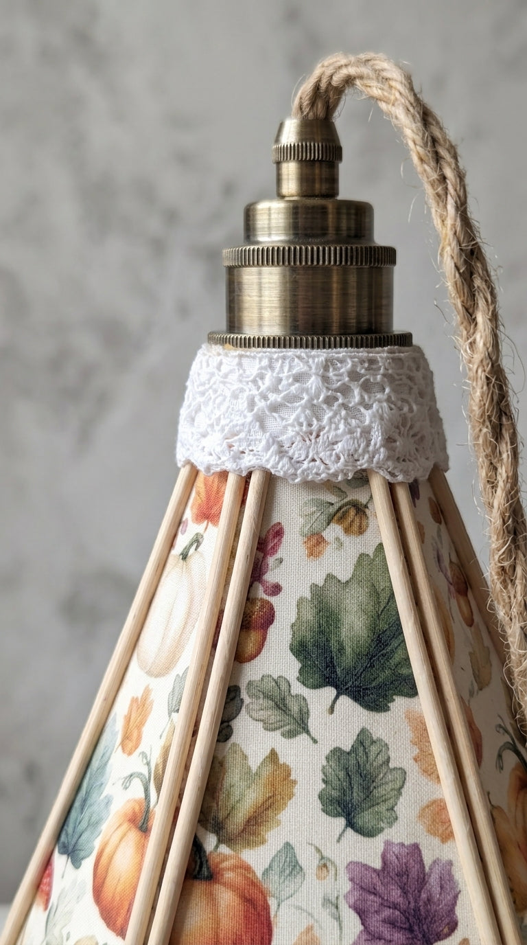 Gros plan sur le motif citrouilles et champignons de la suspension tulipe
