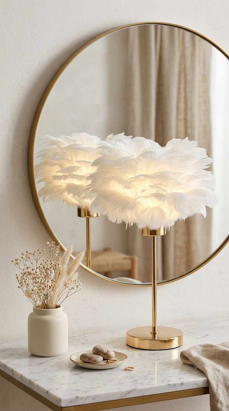 Lampe de Chevet à Plumes – Luminaire Élégant Doré