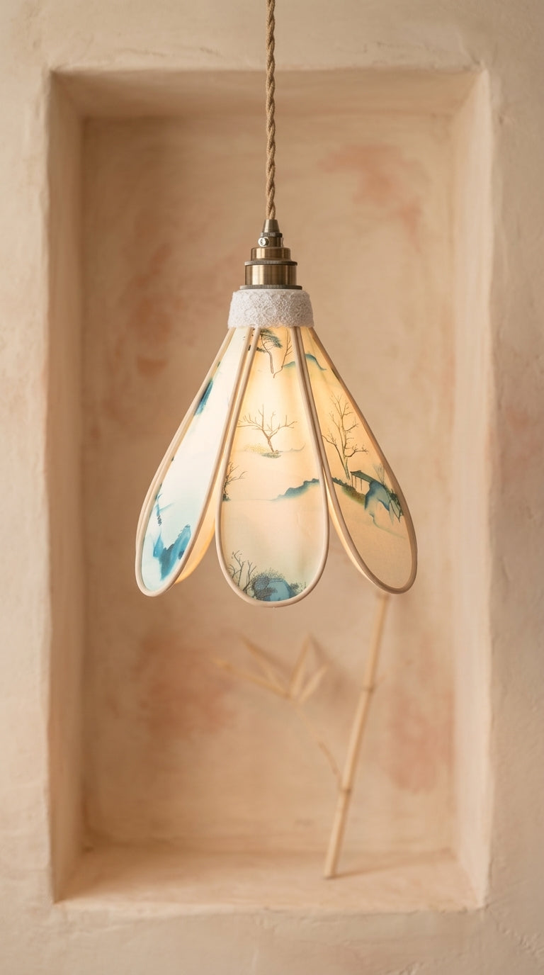 Lampe Tulipe Sérénité des Montagnes – Abat-jour Motif Pagodes Fait Main